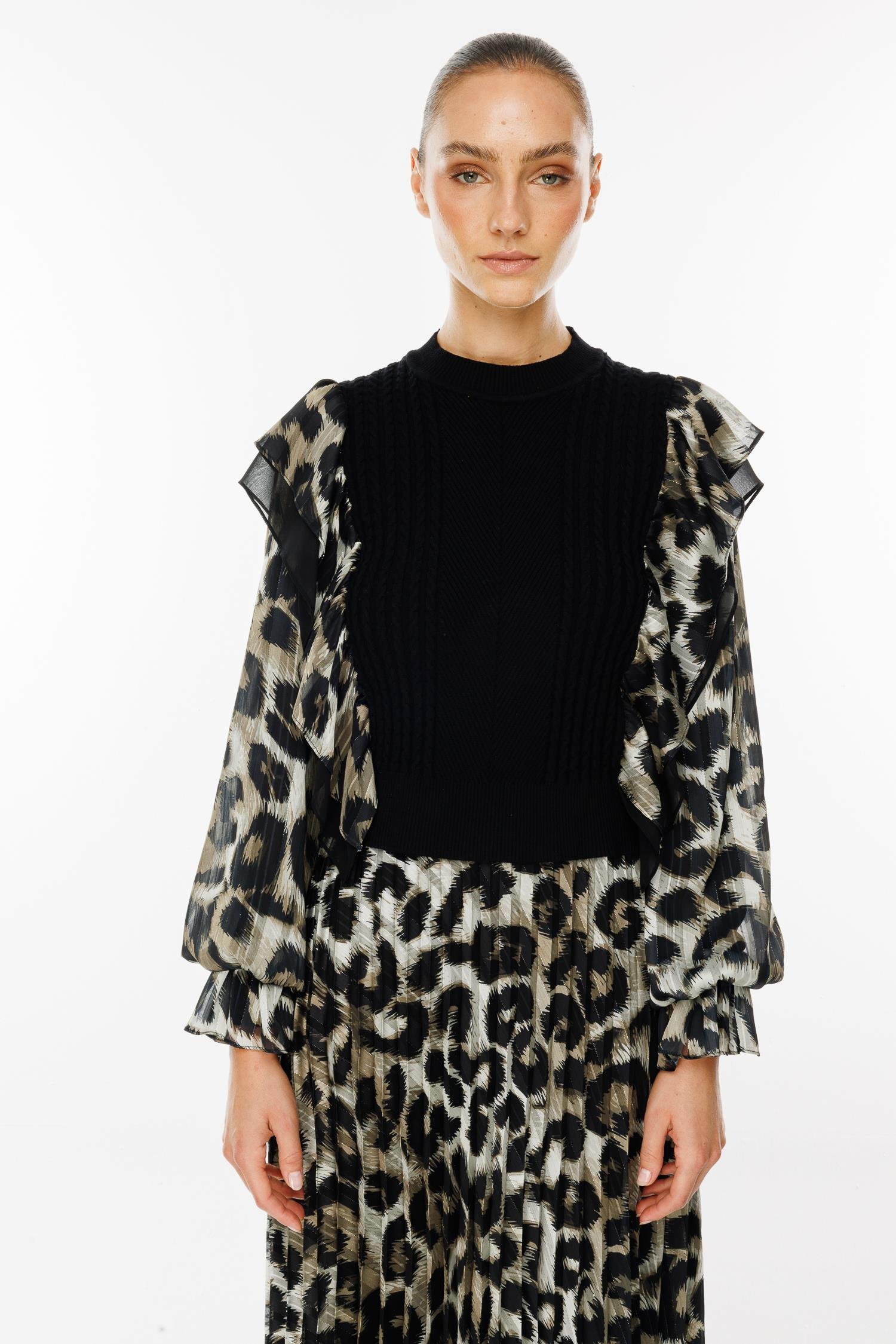 Modailgi  Kolları Şifon Leopar Desen Triko Bluz Haki