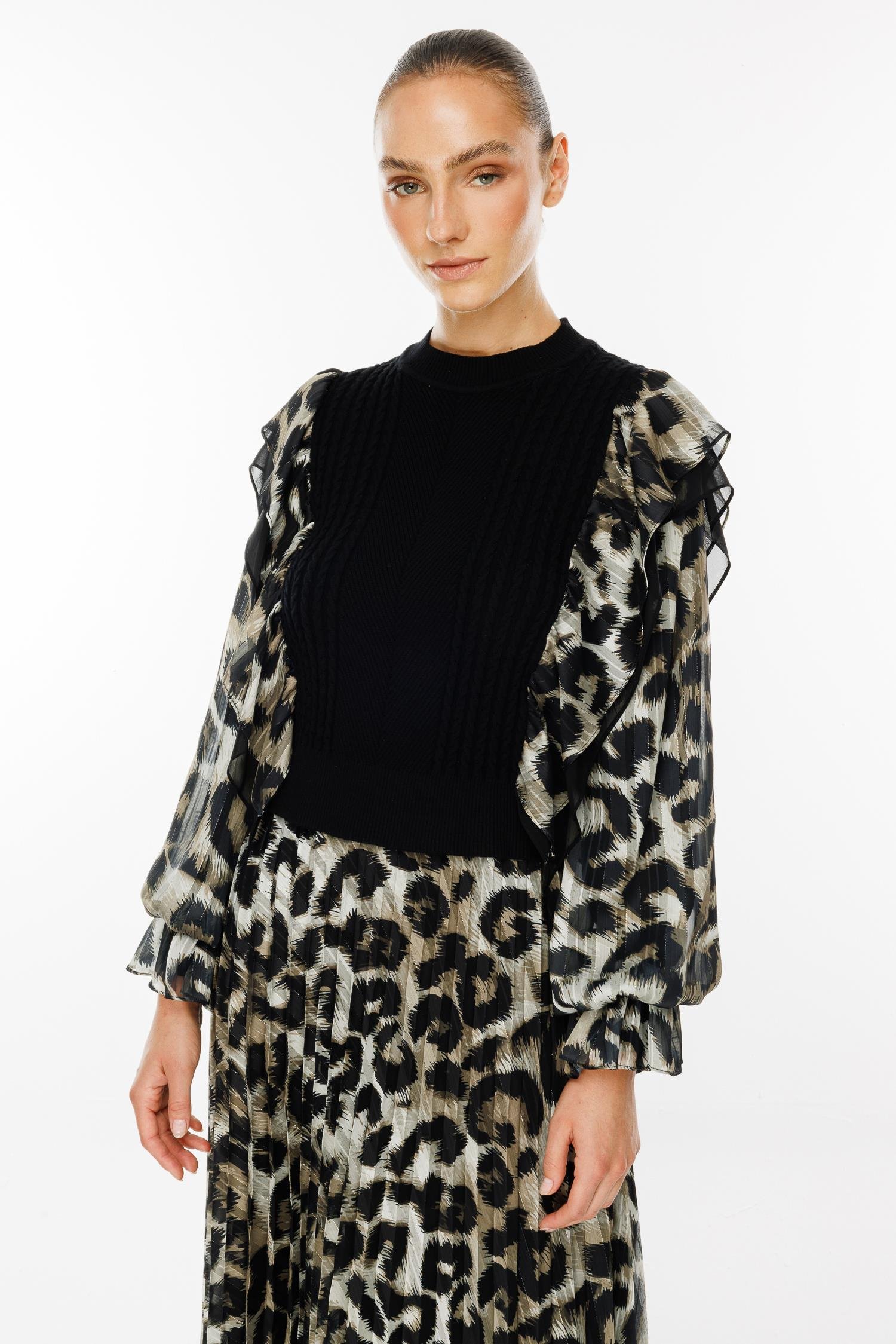 Modailgi  Kolları Şifon Leopar Desen Triko Bluz Haki