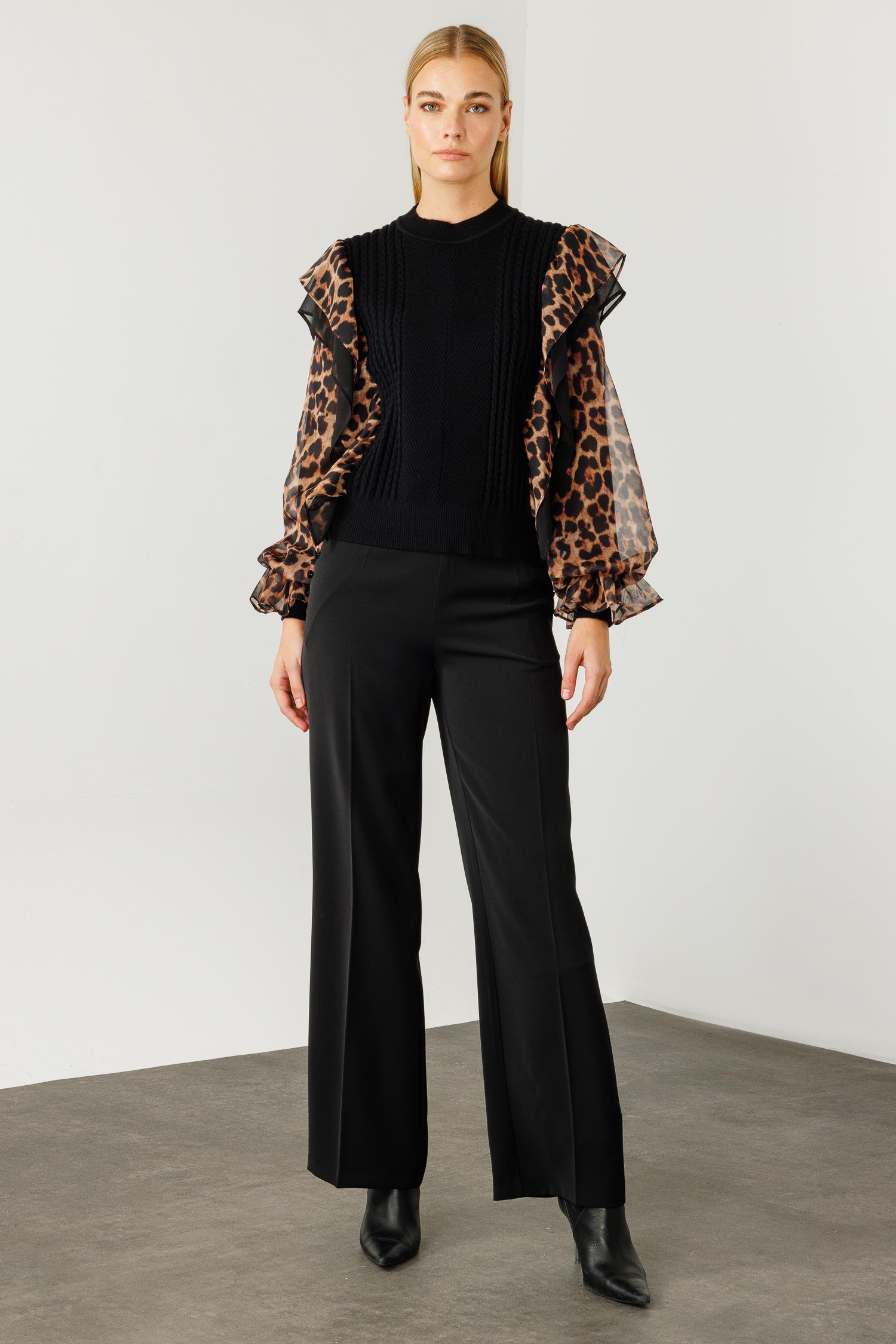 Modailgi  Kolları Şifon Leopar Desen Triko Bluz Vizon