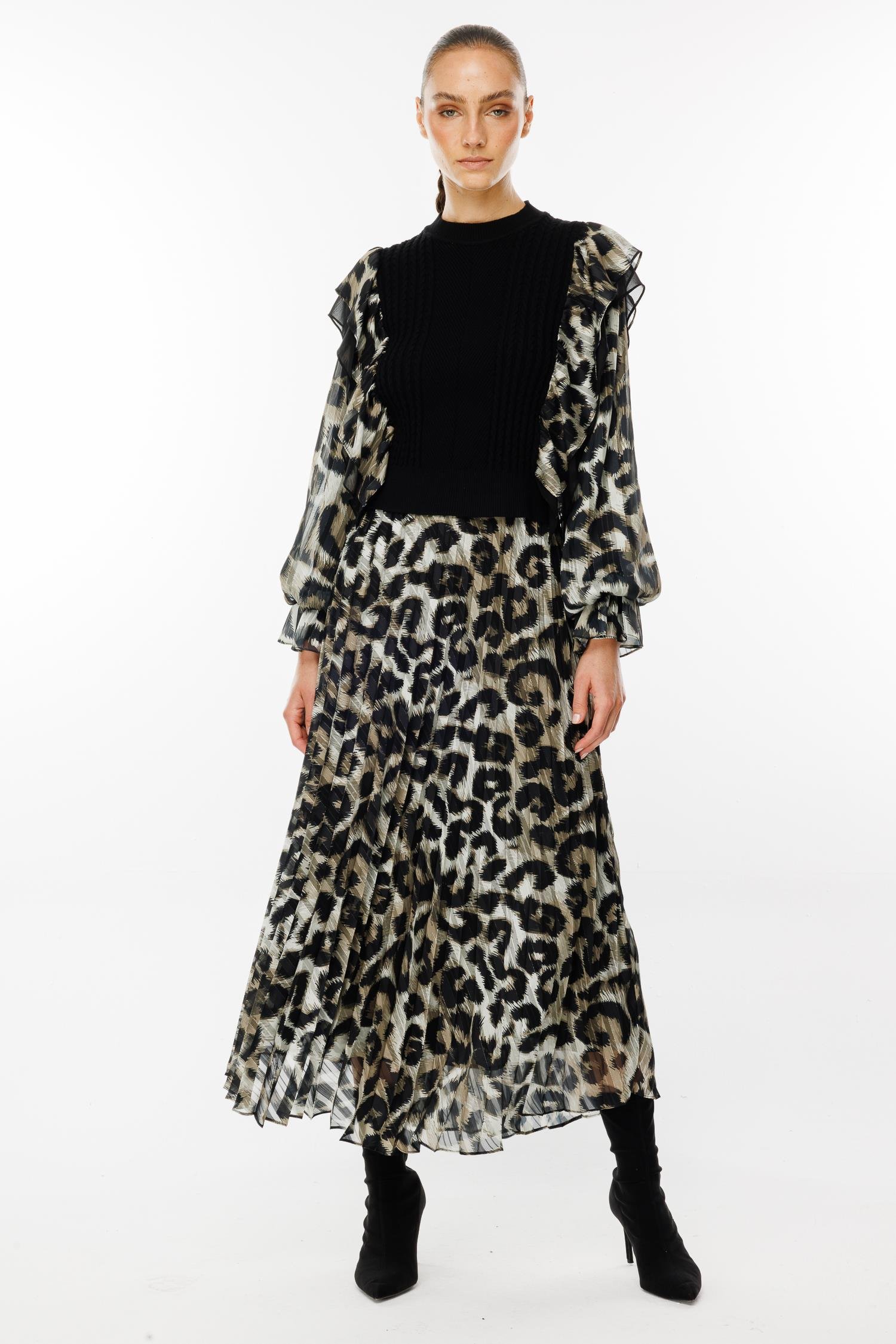 Modailgi  Kolları Şifon Leopar Desen Triko Bluz Haki