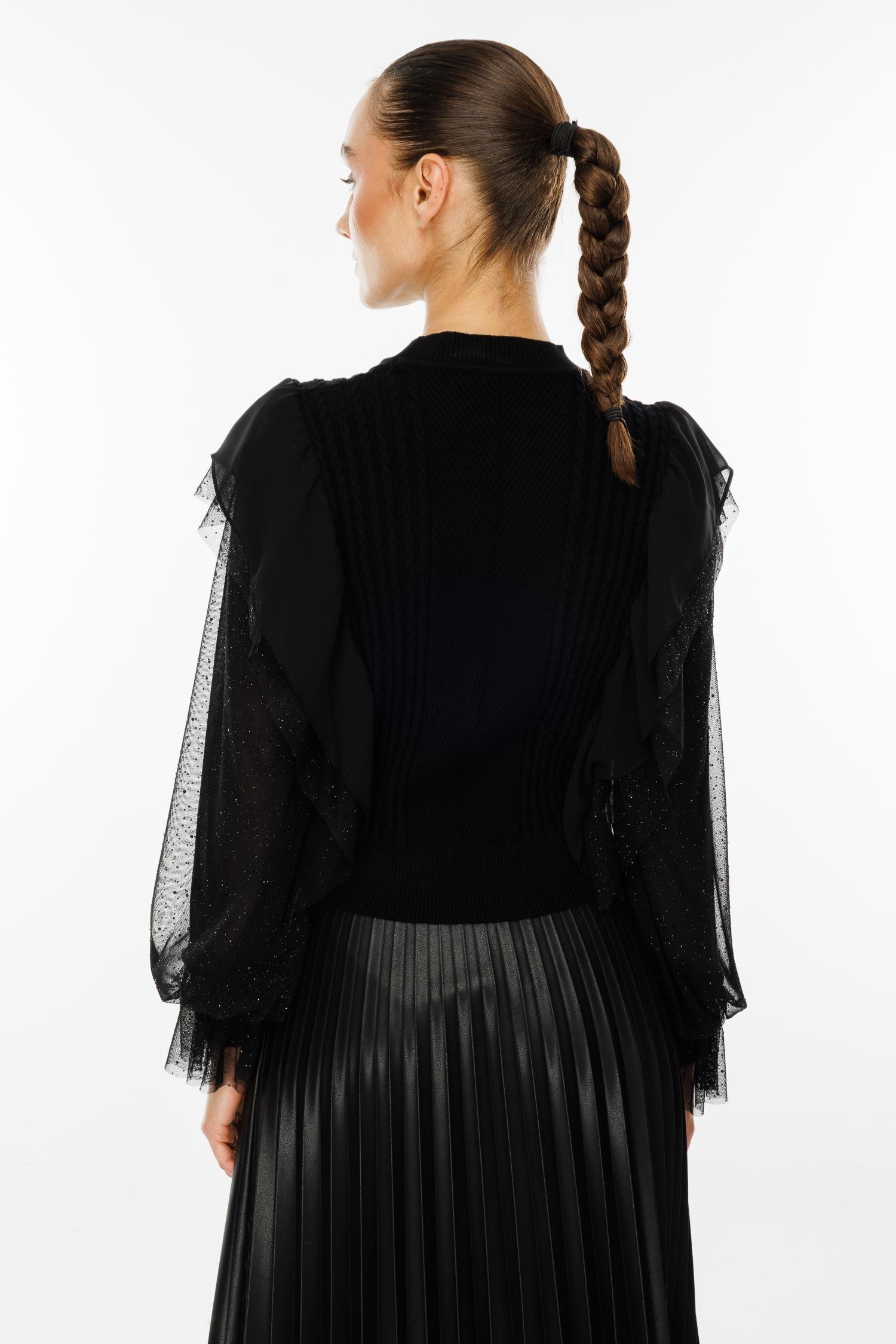 Modailgi  Kolları Şifon Tüllü Triko Bluz Siyah