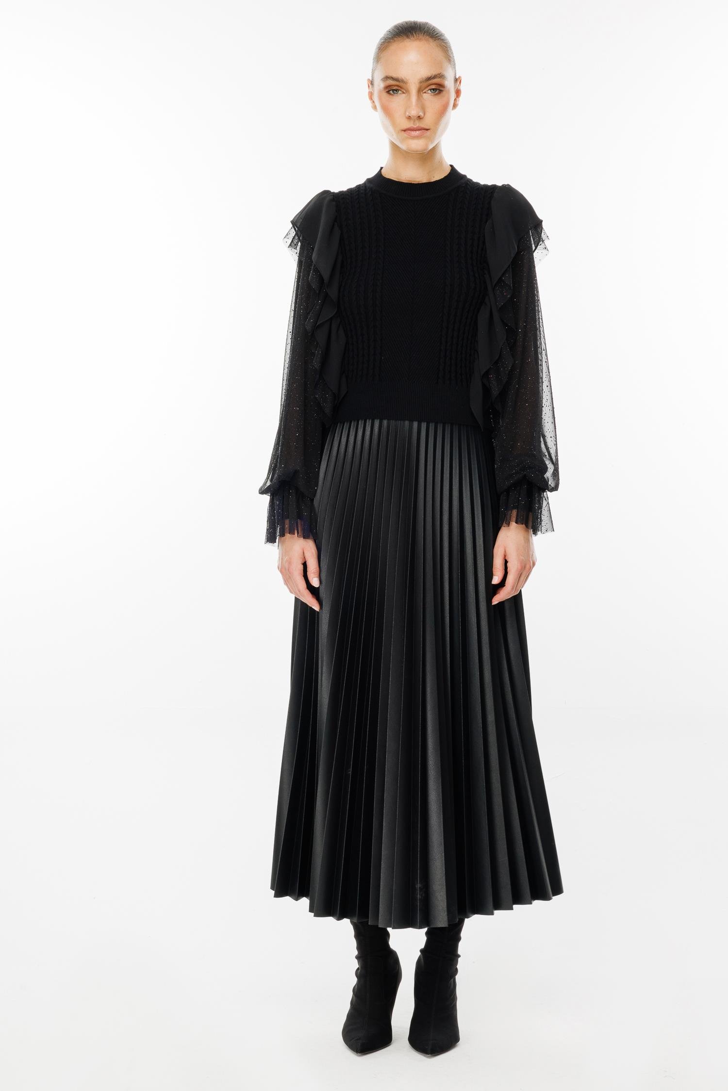 Modailgi  Kolları Şifon Tüllü Triko Bluz Siyah