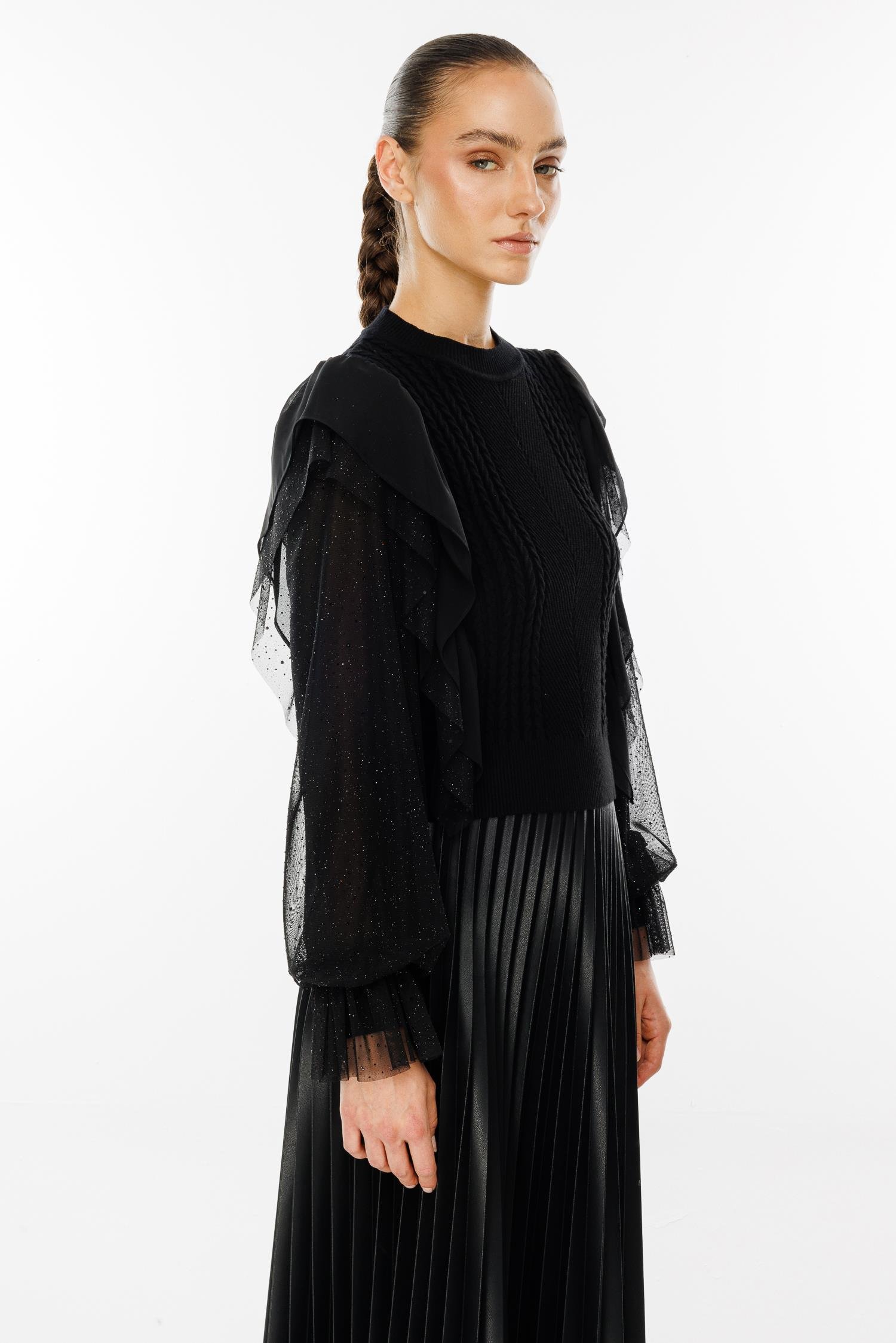 Modailgi  Kolları Şifon Tüllü Triko Bluz Siyah