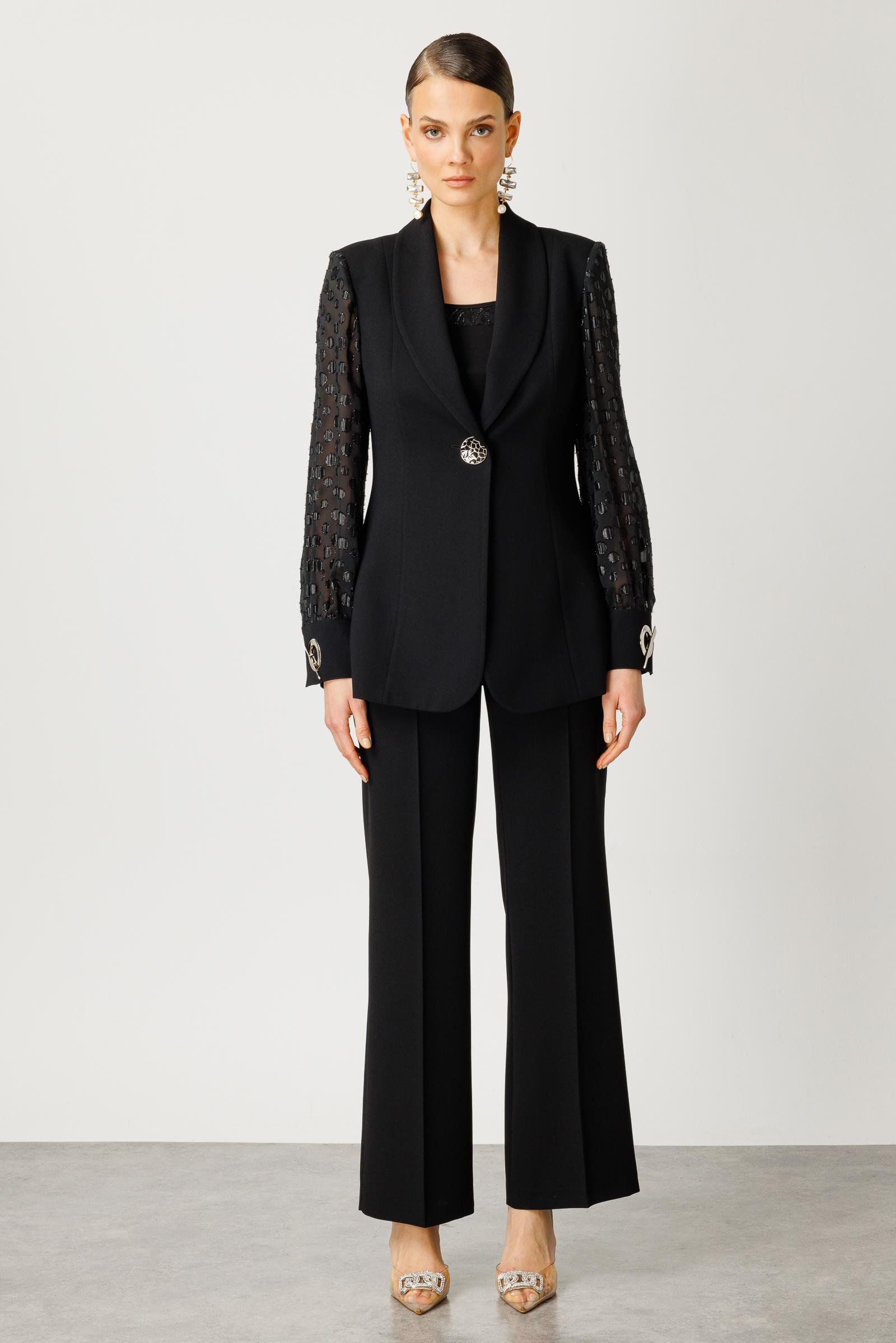 Modailgi  Kolları Simli Puan Jakarlı Ceket Siyah