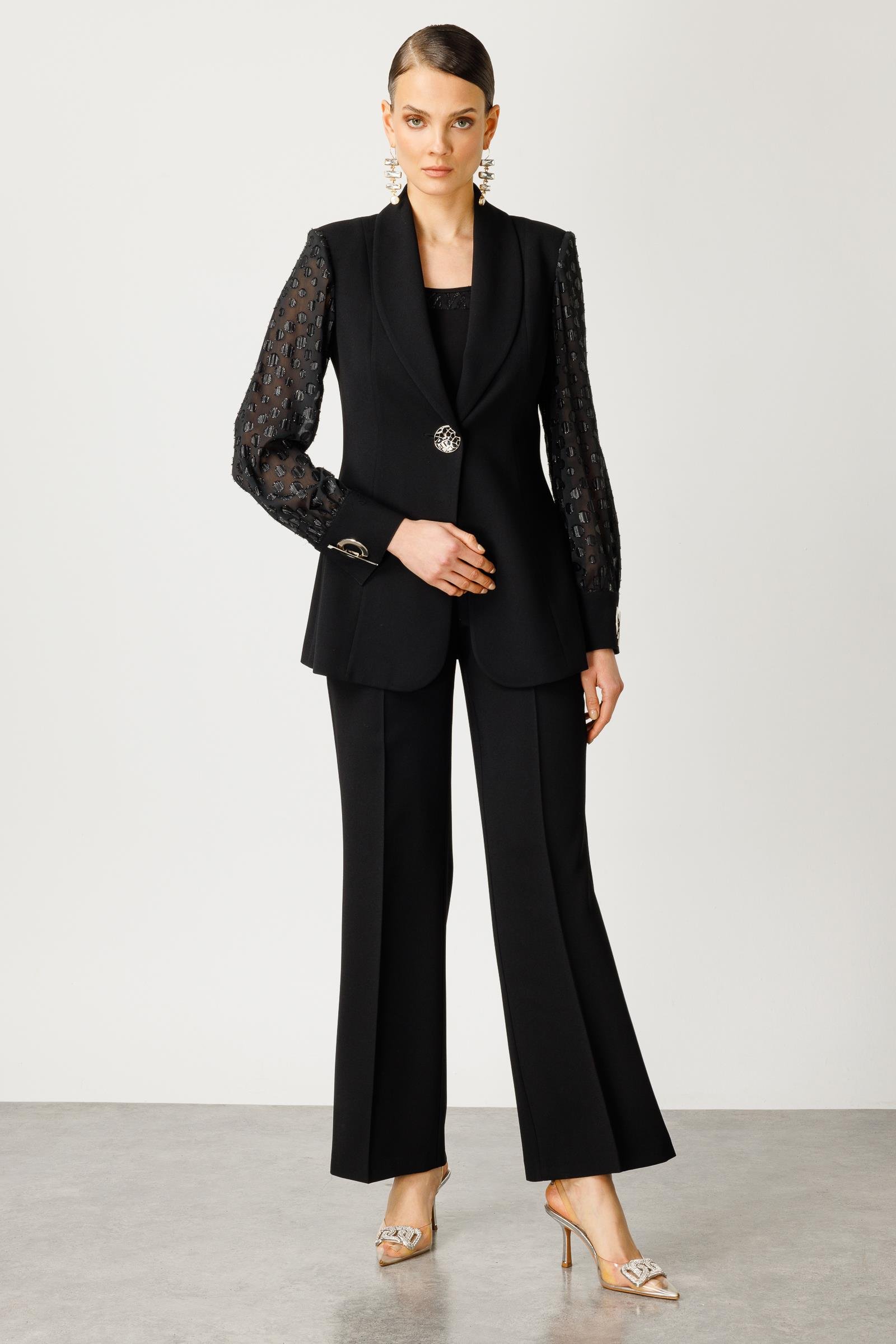 Modailgi  Kolları Simli Puan Jakarlı Ceket Siyah