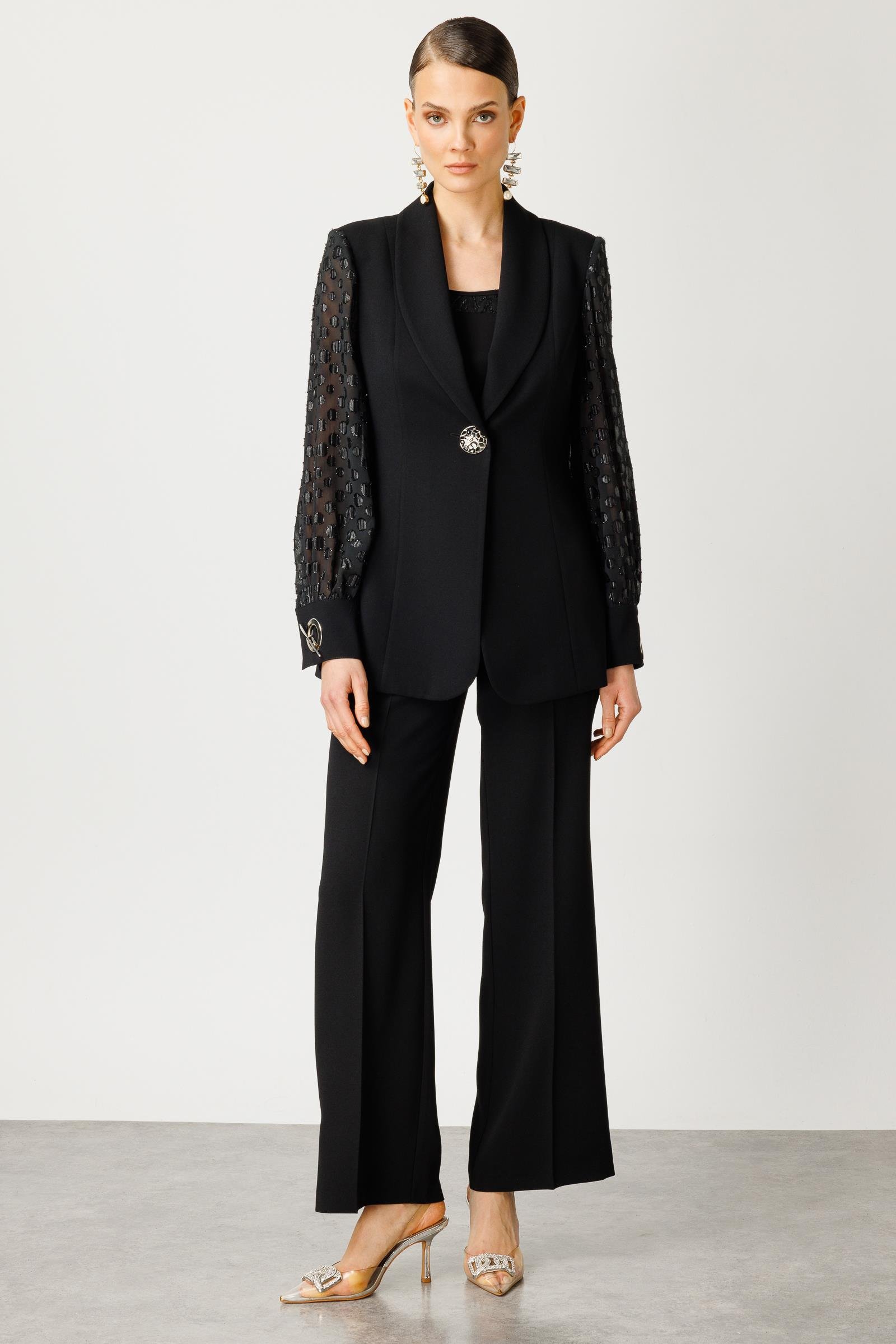 Modailgi  Kolları Simli Puan Jakarlı Ceket Siyah