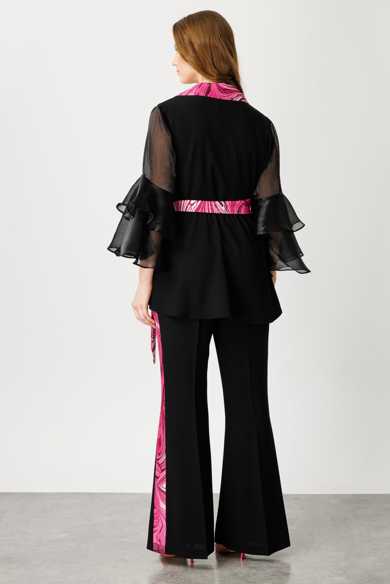 Modailgi  Kolları Volanlı Yakası Desenli Ceket Fuşya