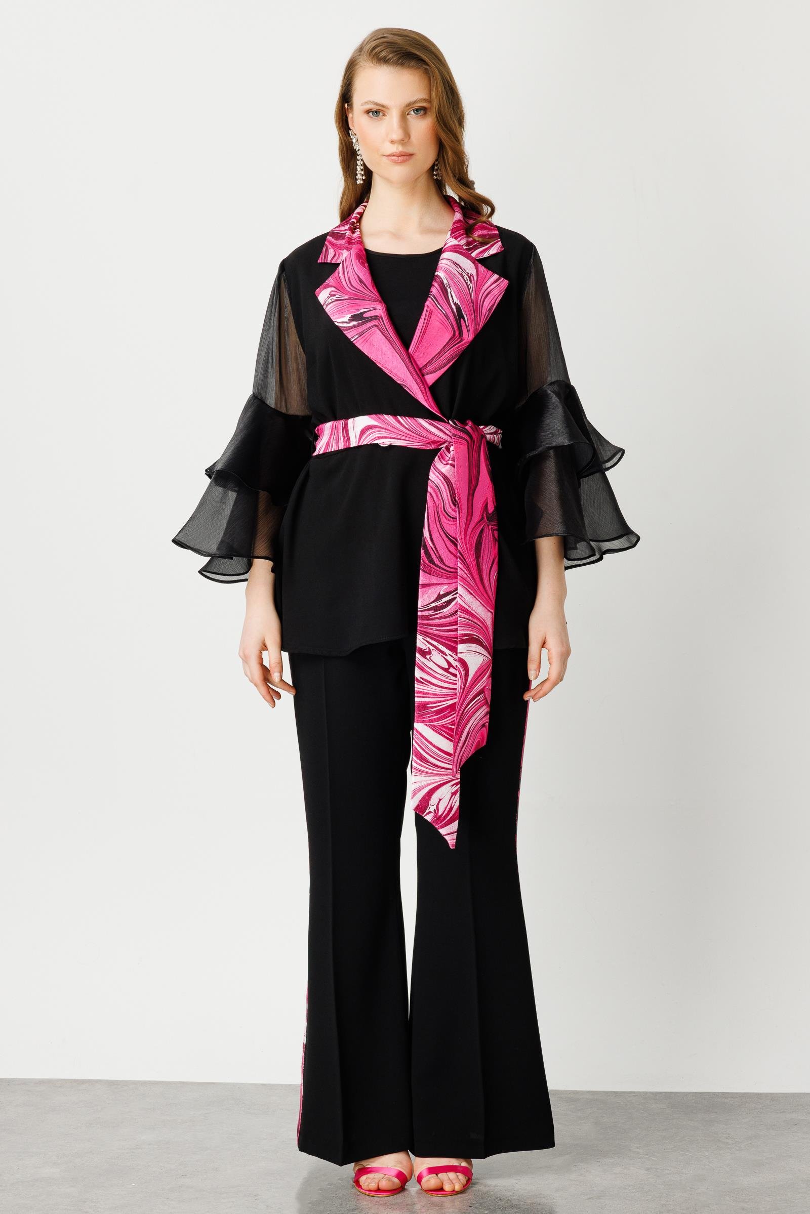 Modailgi  Kolları Volanlı Yakası Desenli Ceket Fuşya