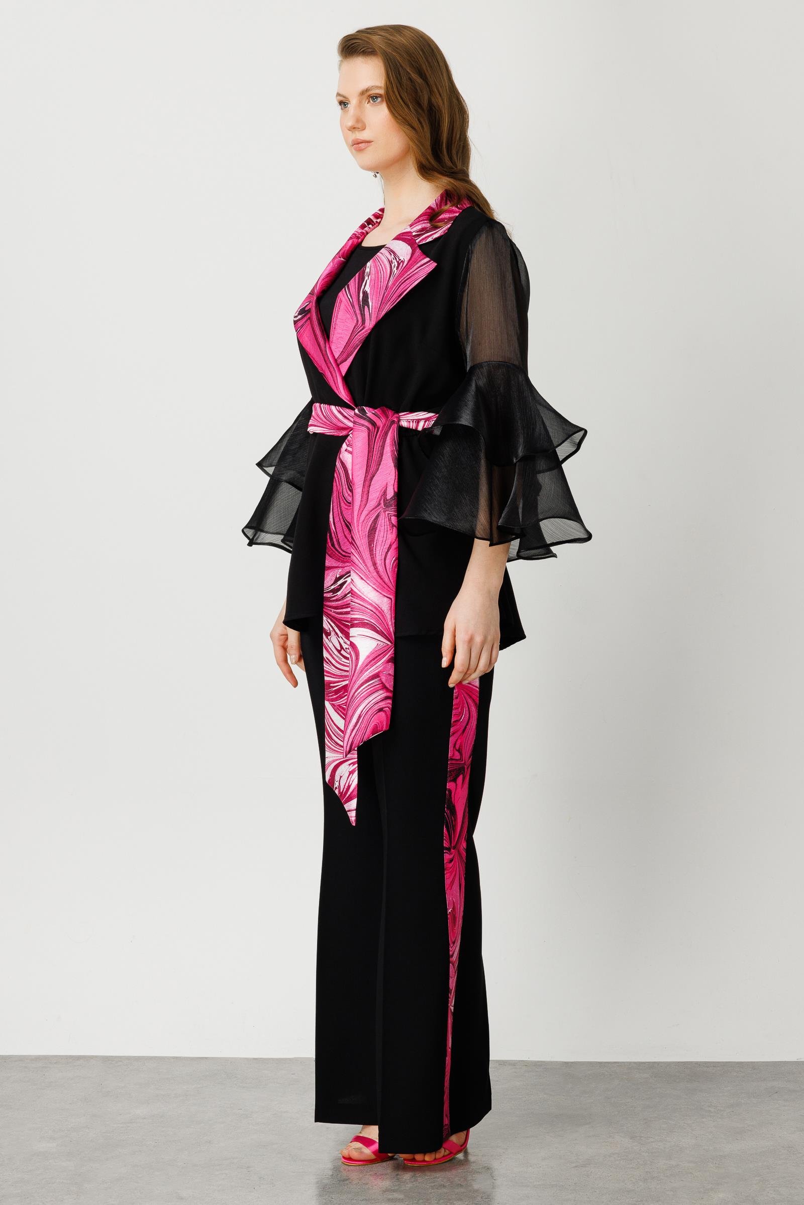 Modailgi  Kolları Volanlı Yakası Desenli Ceket Fuşya