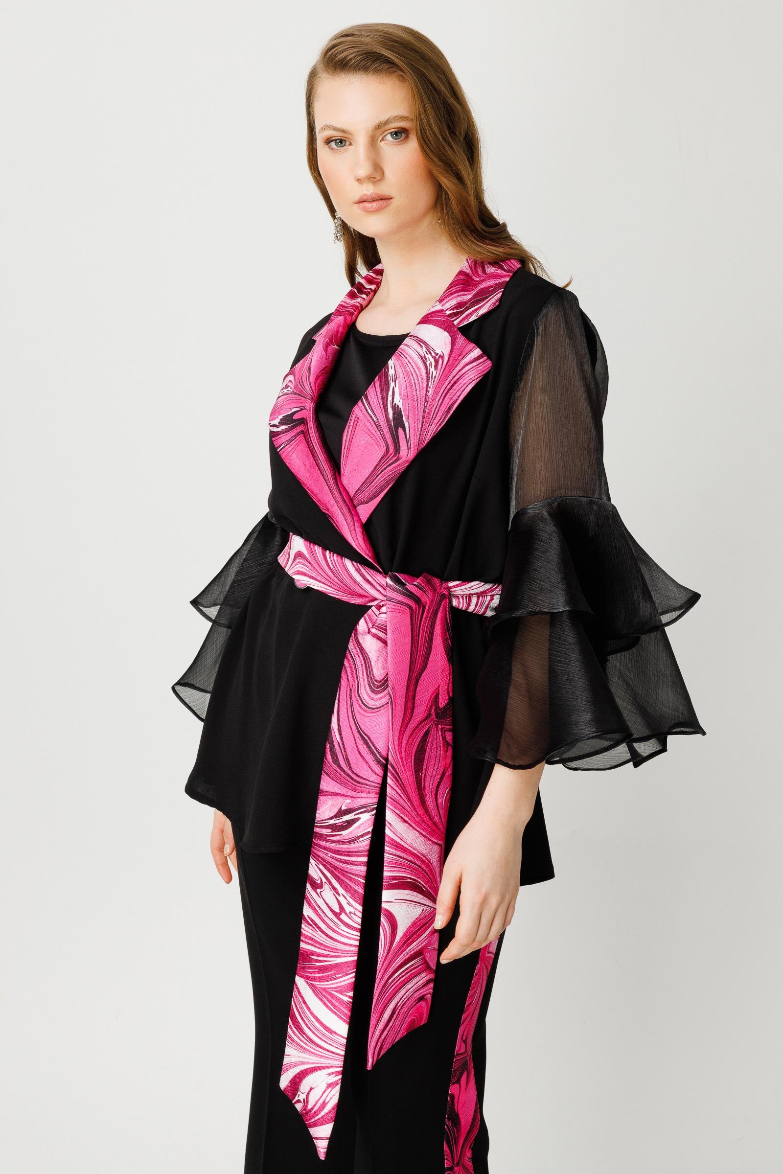 Modailgi  Kolları Volanlı Yakası Desenli Ceket Fuşya