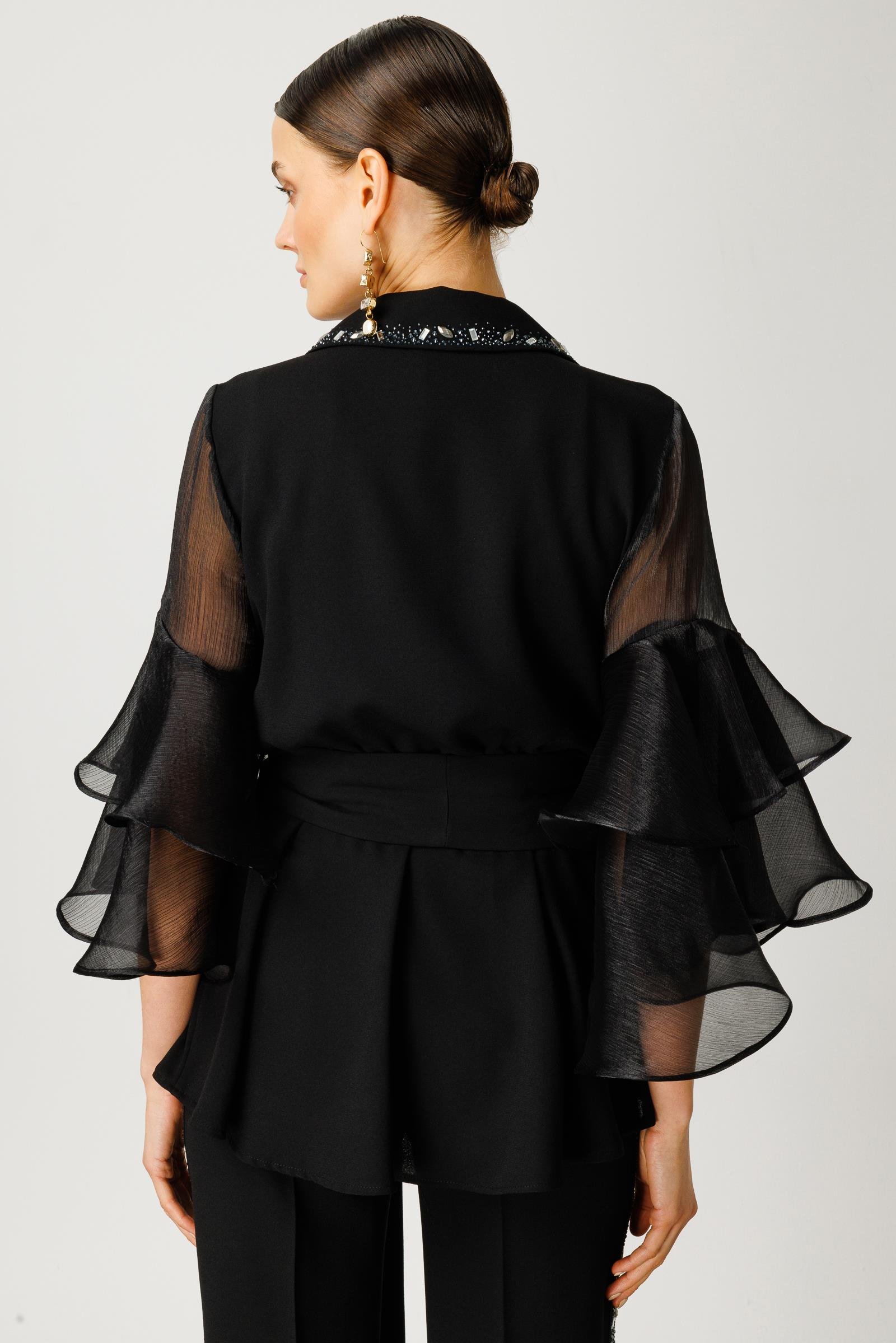 Modailgi  Kolları Volanlı Yakası Taşlı Ceket Siyah
