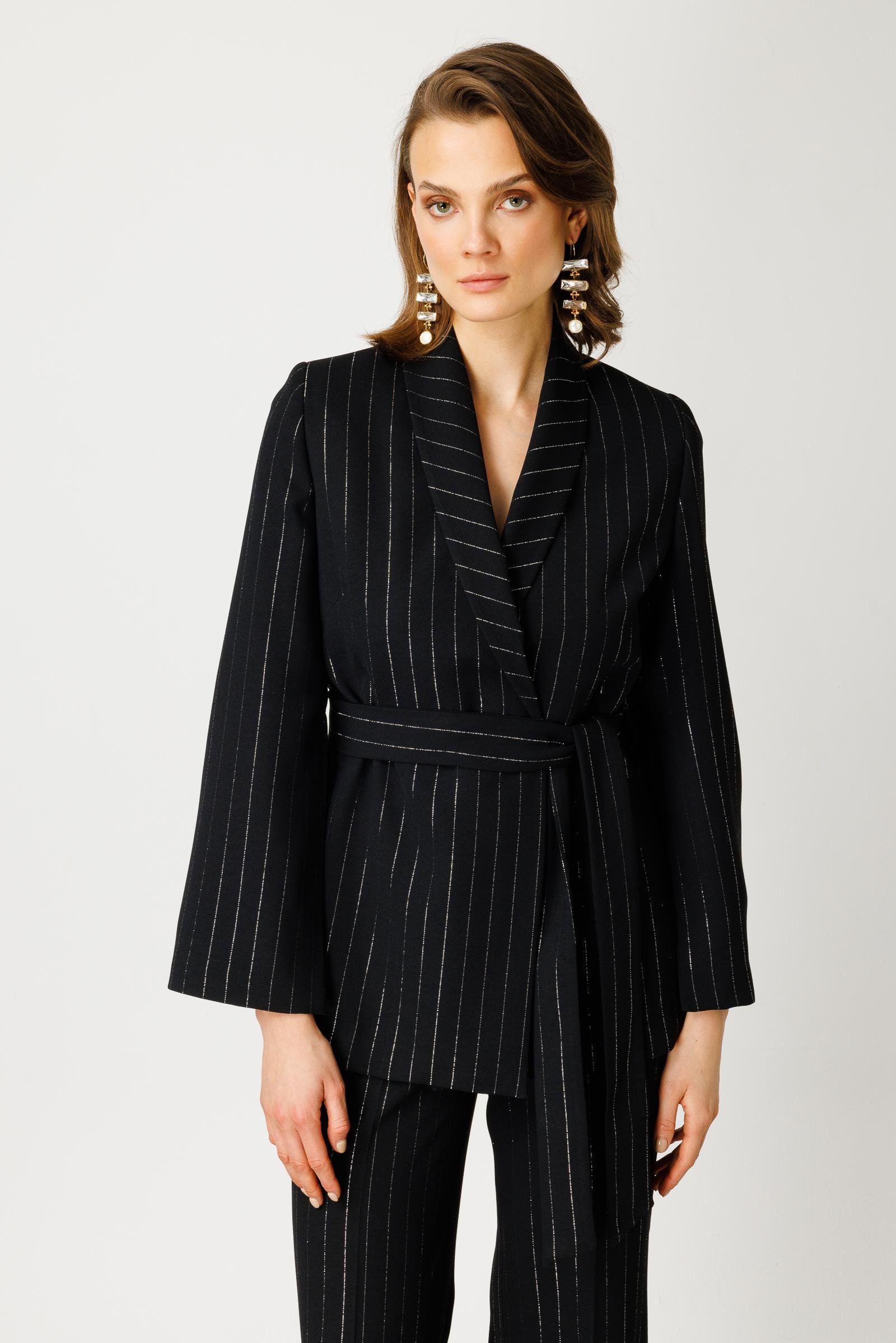 Modailgi  Kolları Yırtmaçlı Simli Çizgili Ceket Siyah