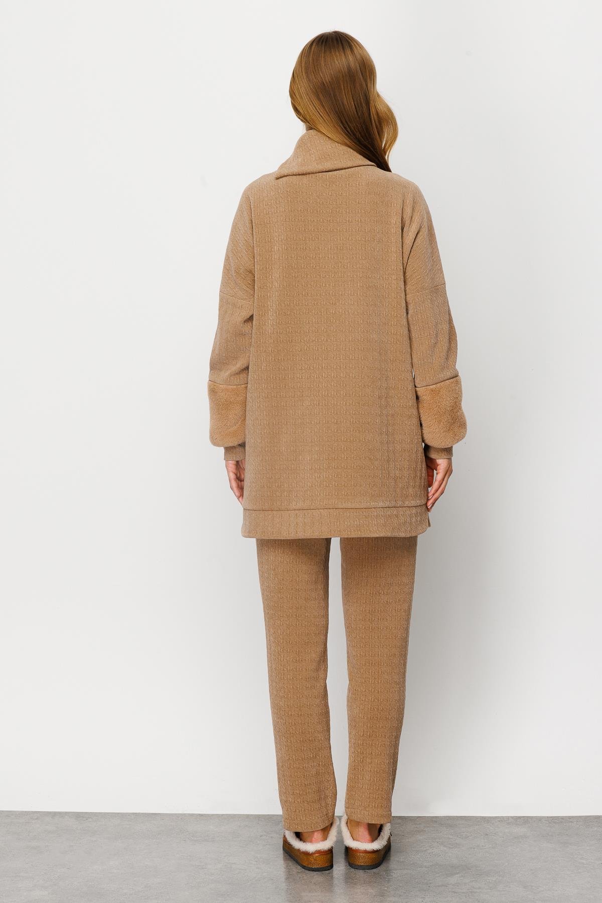 Modailgi  Kolu Peluş Detaylı Örme Tunik Camel