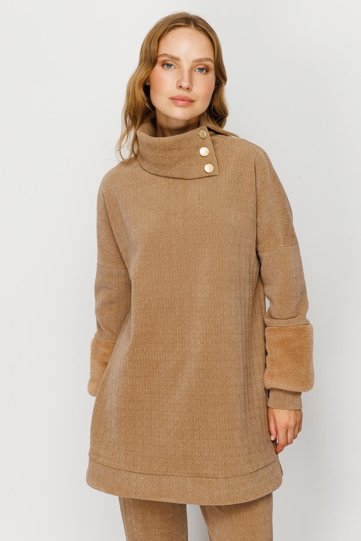 Modailgi  Kolu Peluş Detaylı Örme Tunik Camel