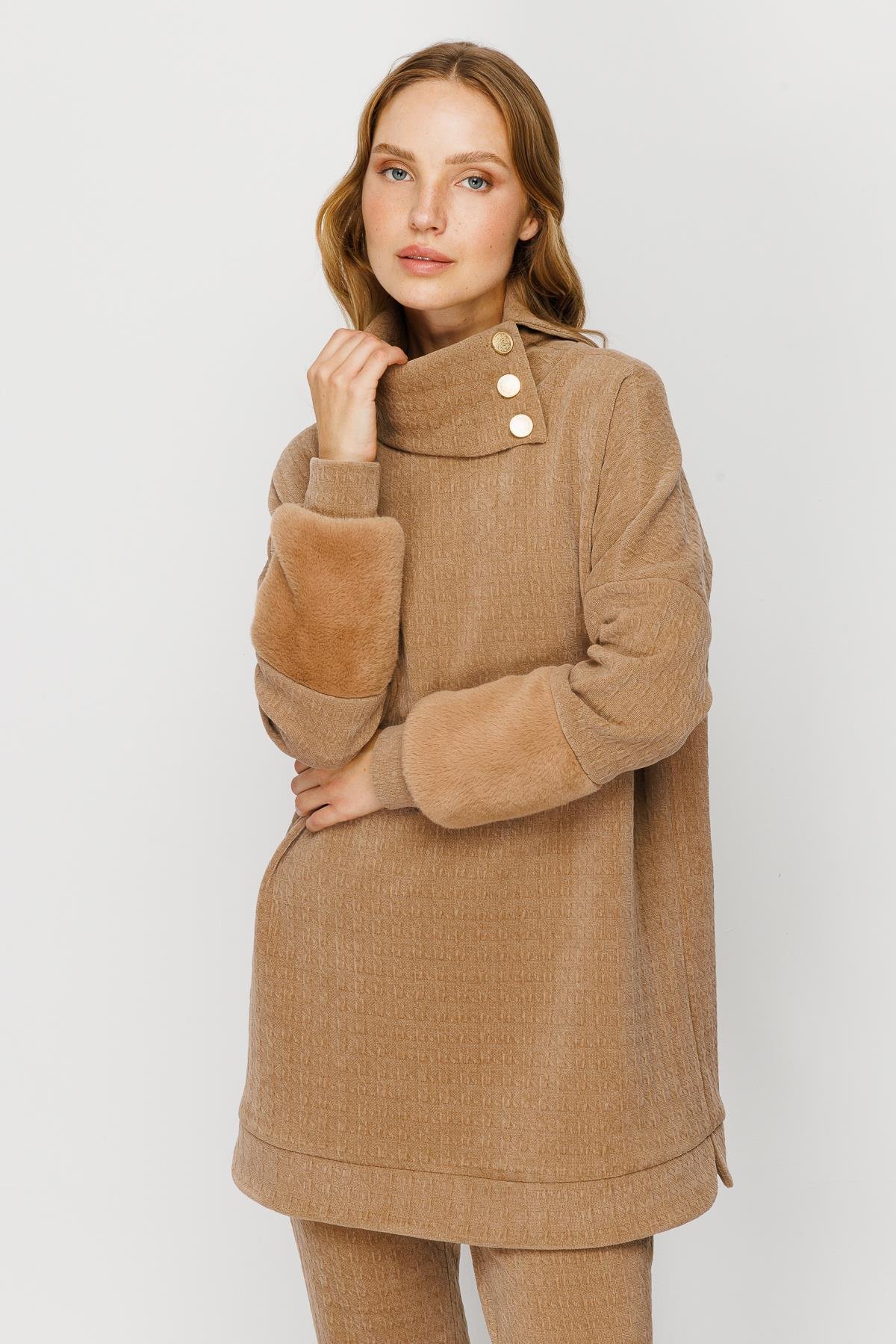 Modailgi  Kolu Peluş Detaylı Örme Tunik Camel
