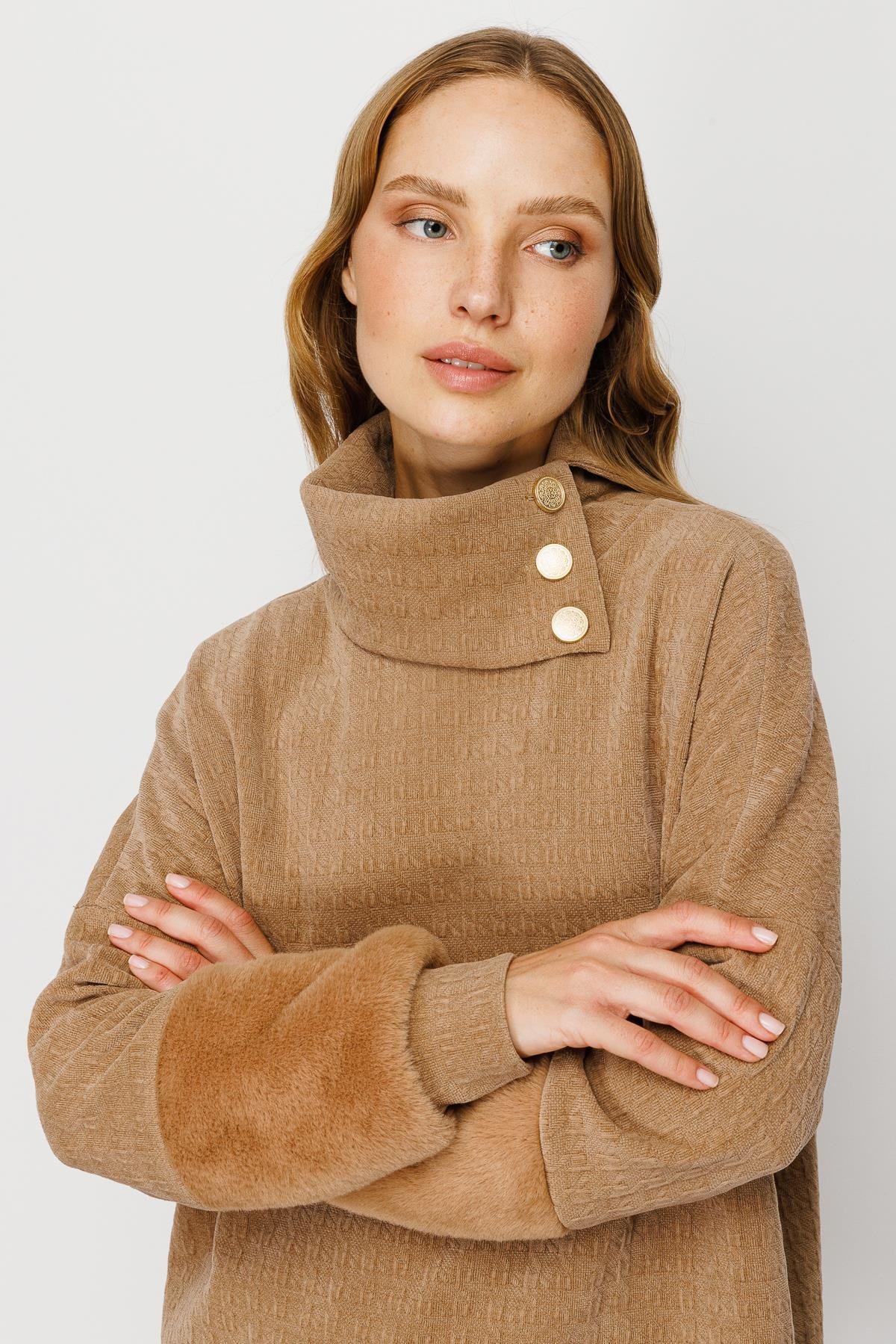 Modailgi  Kolu Peluş Detaylı Örme Tunik Camel