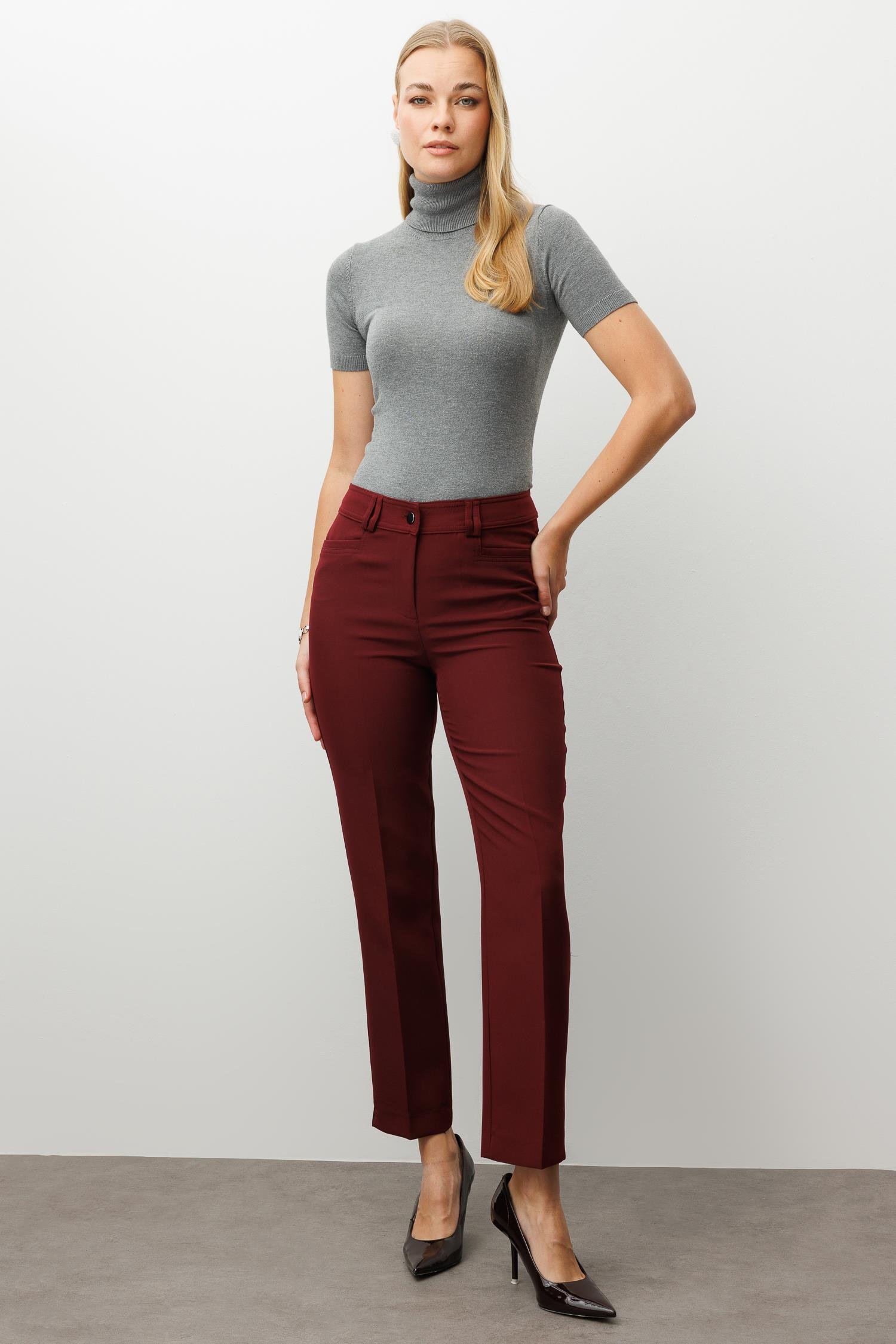 Modailgi  Köşe Cep Dar Paça Pantolon Bordo