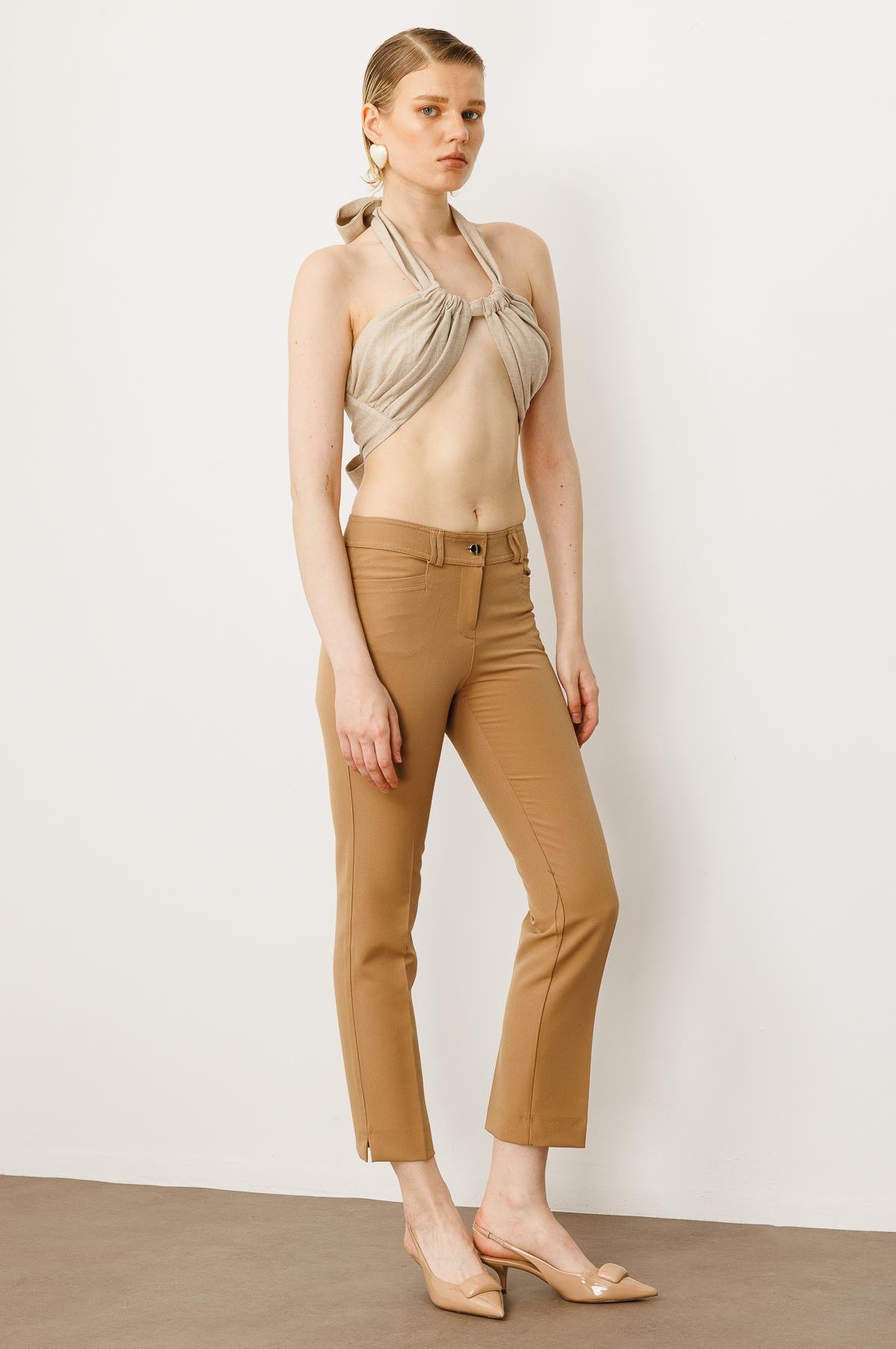 Modailgi  Köşe Cep Dar Paça Pantolon Camel