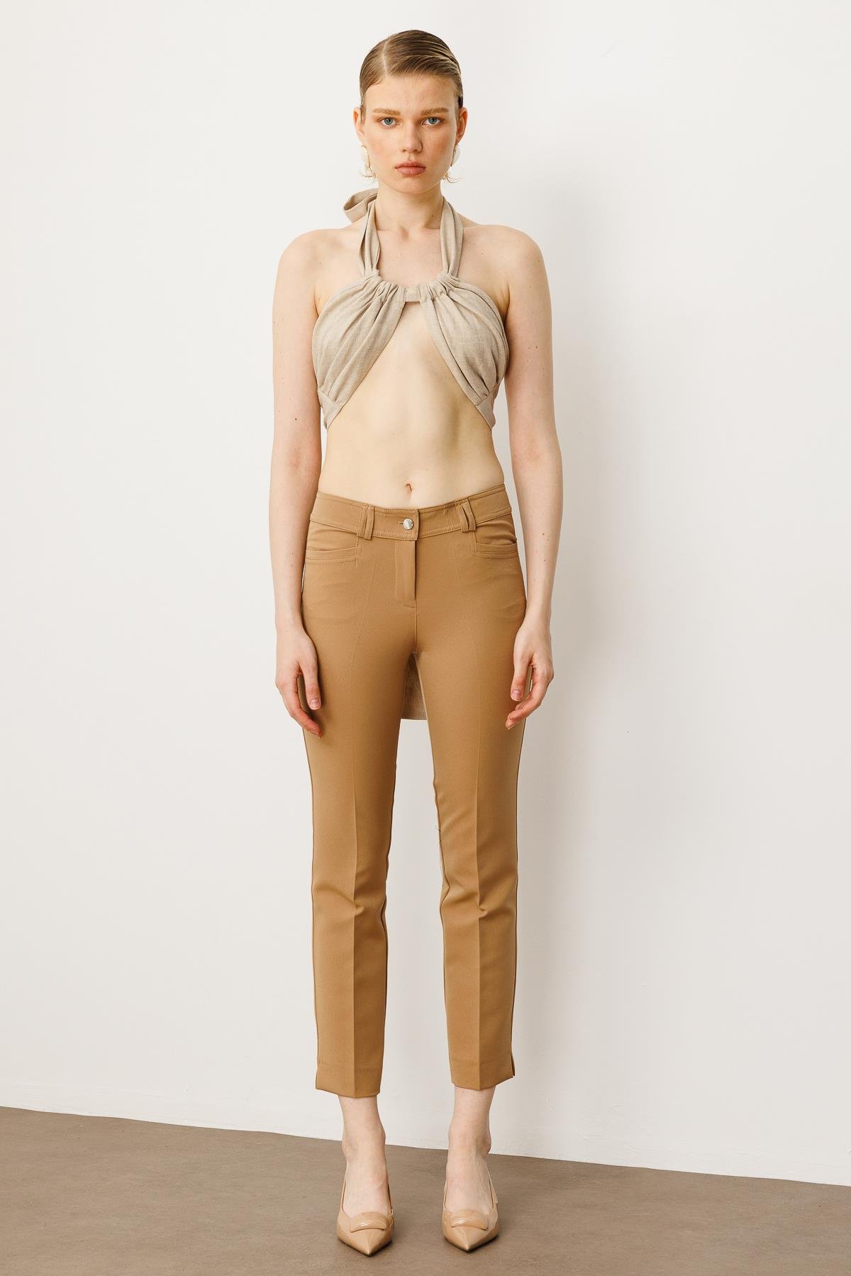 Modailgi  Köşe Cep Dar Paça Pantolon Camel