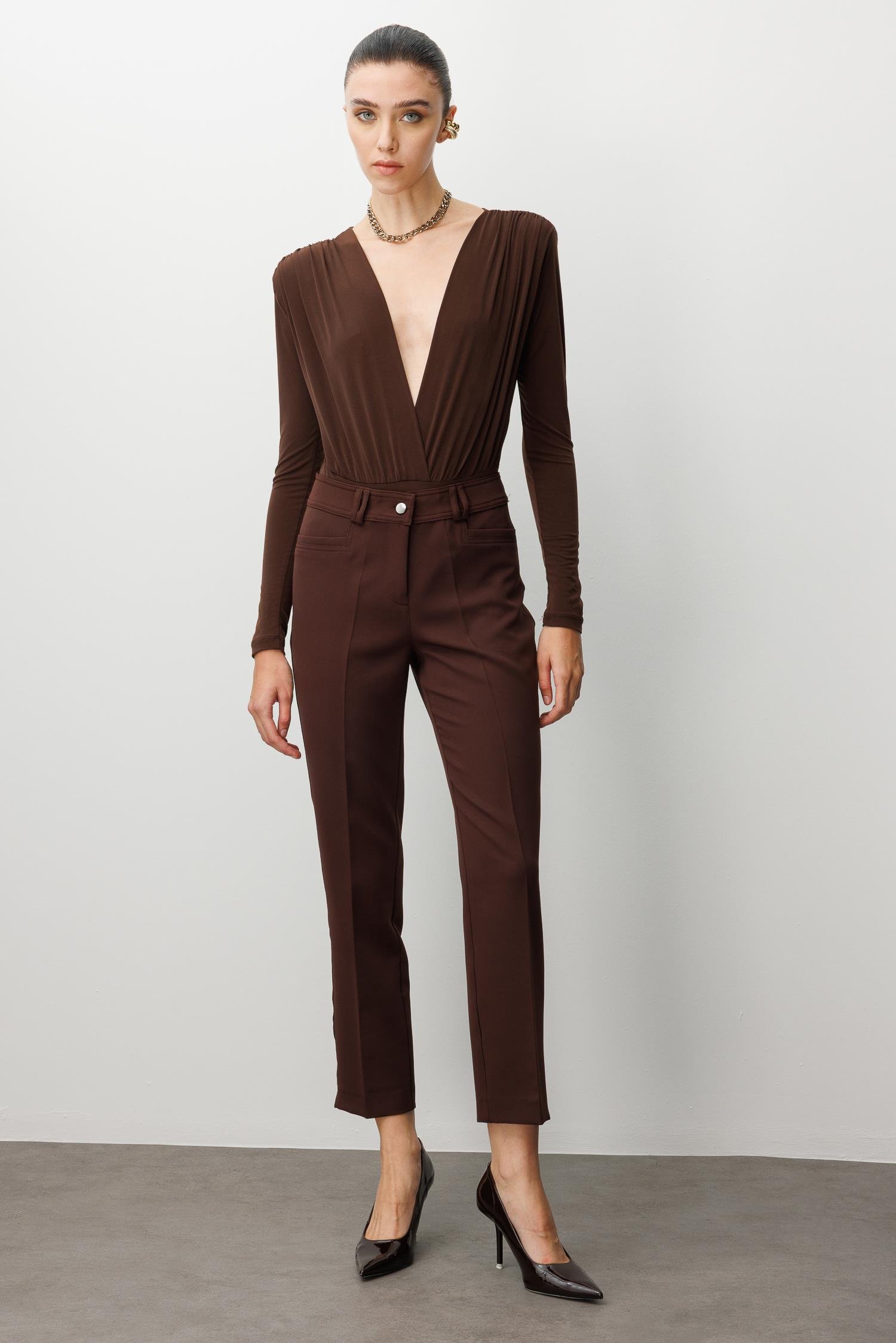 Modailgi  Köşe Cep Dar Paça Pantolon Kahve