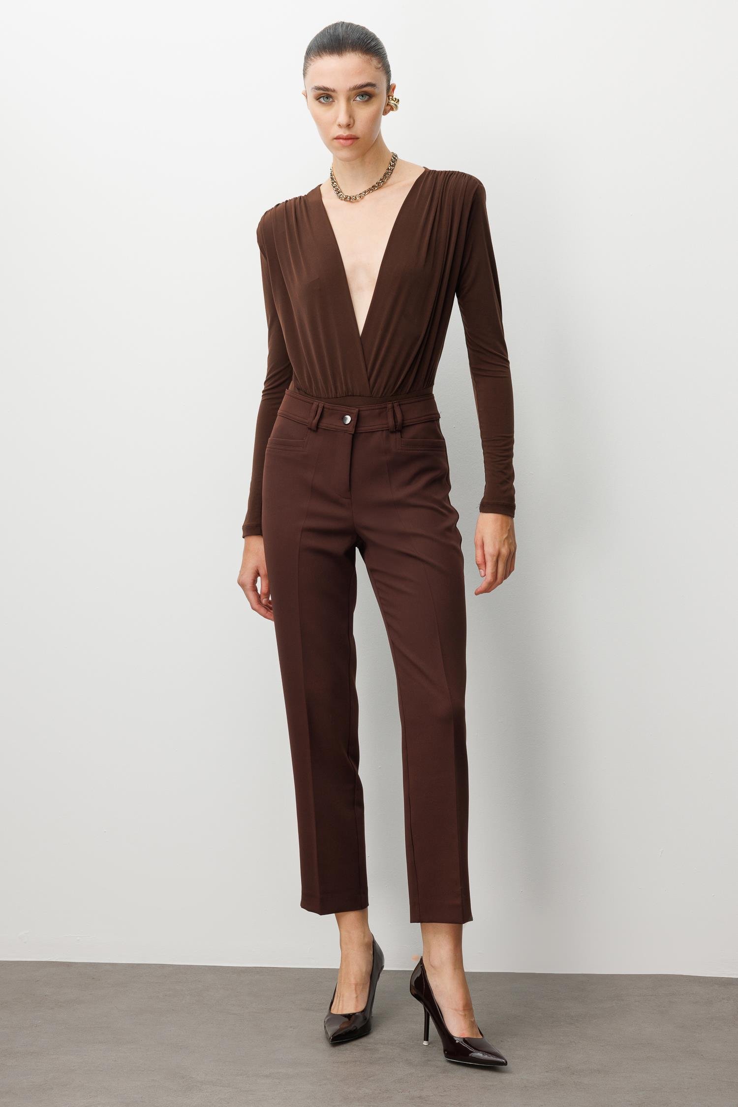 Modailgi  Köşe Cep Dar Paça Pantolon Kahve