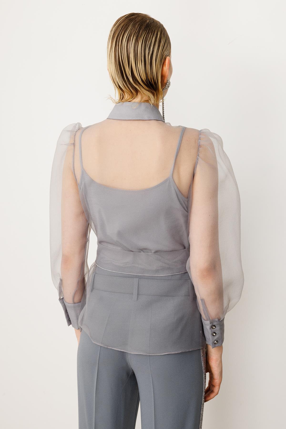 Modailgi  Kravat Detaylı Taşlı Organze Gömlek Gri