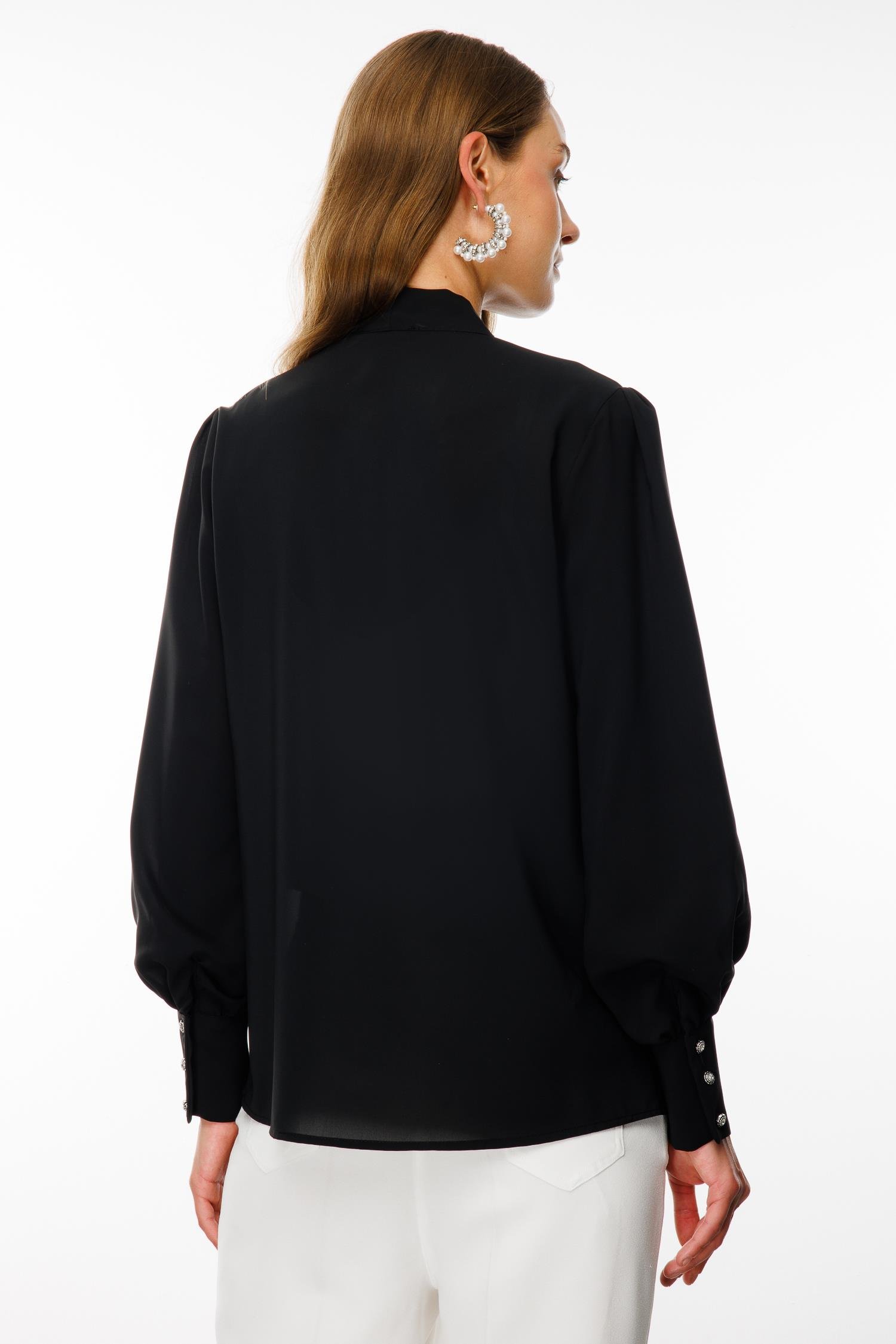 Modailgi  Kravat Yakalı İnci Detaylı Gömlek Siyah