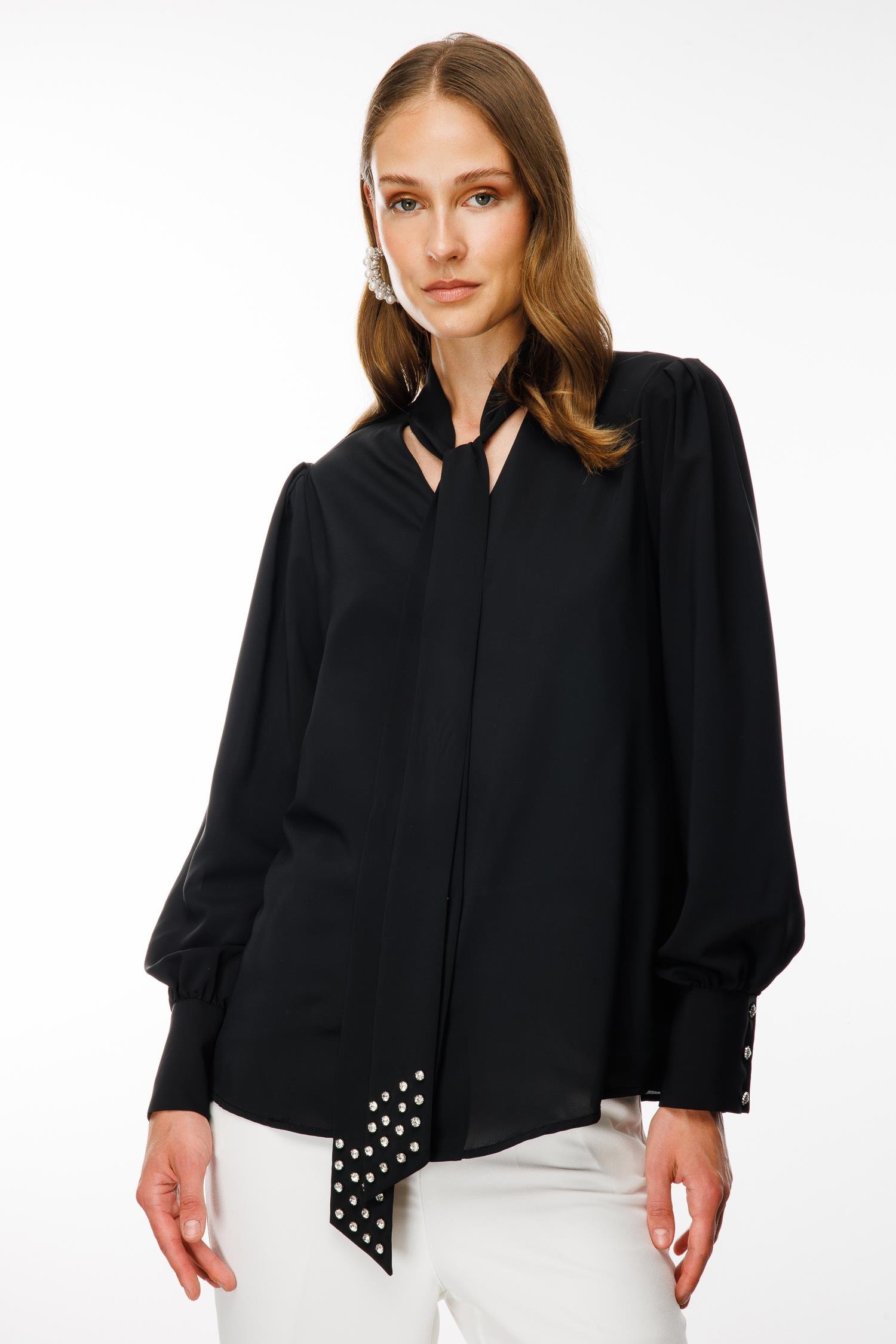 Modailgi  Kravat Yakalı İnci Detaylı Gömlek Siyah