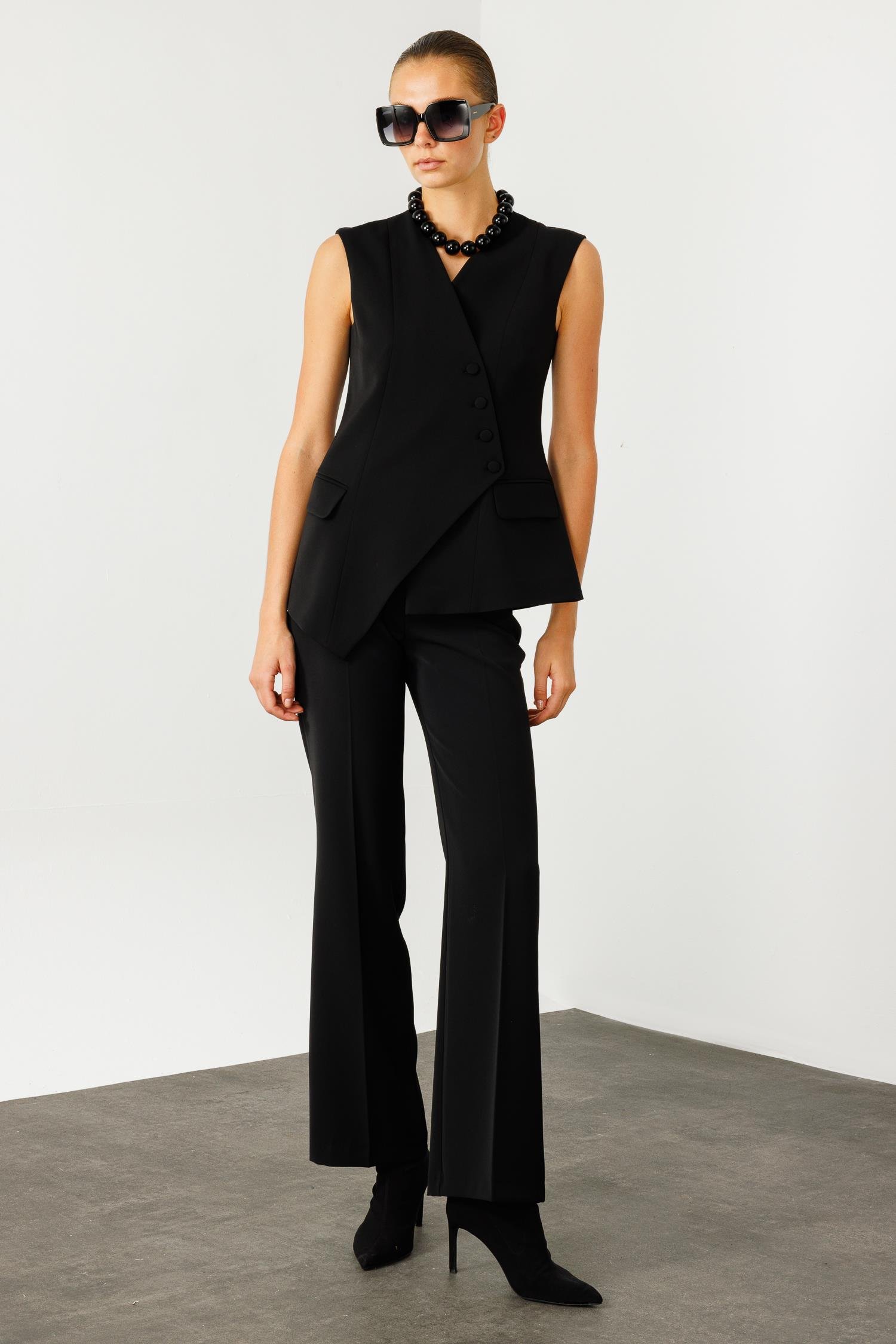 Modailgi  Kruvaze Kapamalı Düğme Detaylı Uzun Yelek Siyah