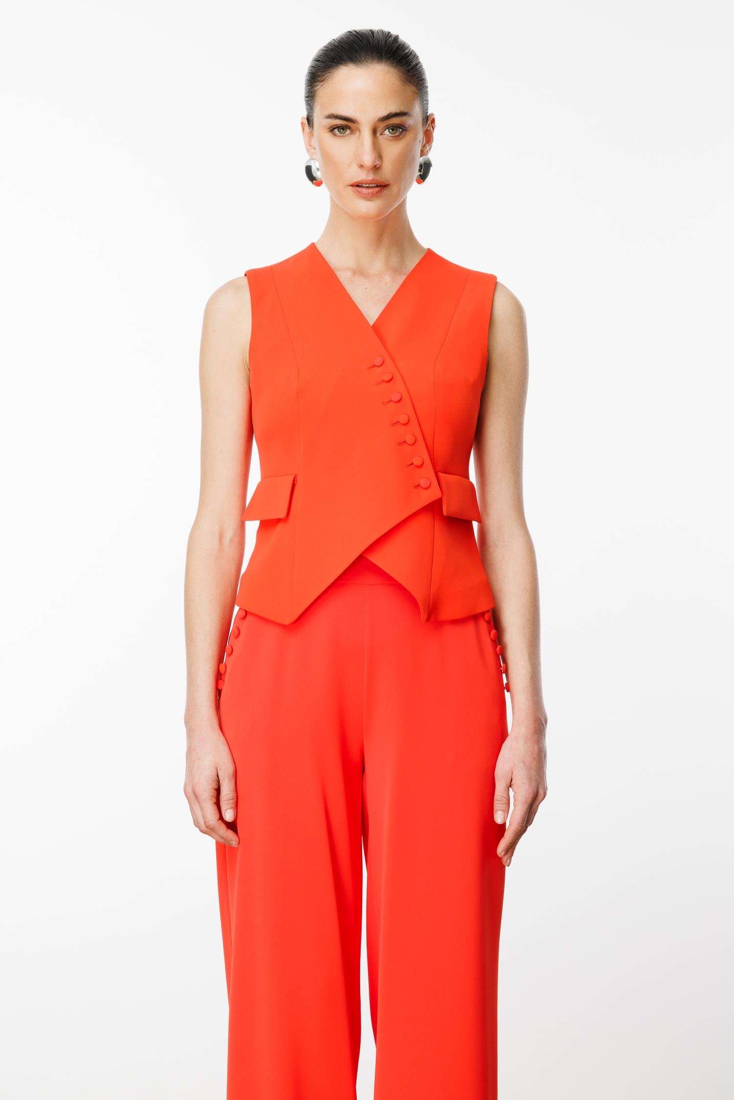 Modailgi  Kruvaze Kapamalı Düğme Detaylı Kısa Yelek Mercan