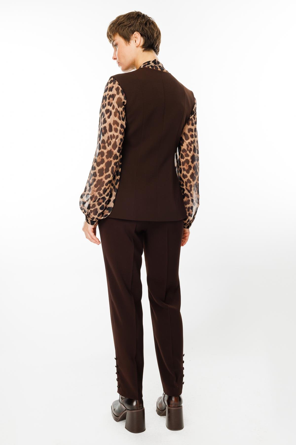 Modailgi  Kruvaze Kapamalı Düğme Detaylı Uzun Yelek Kahve