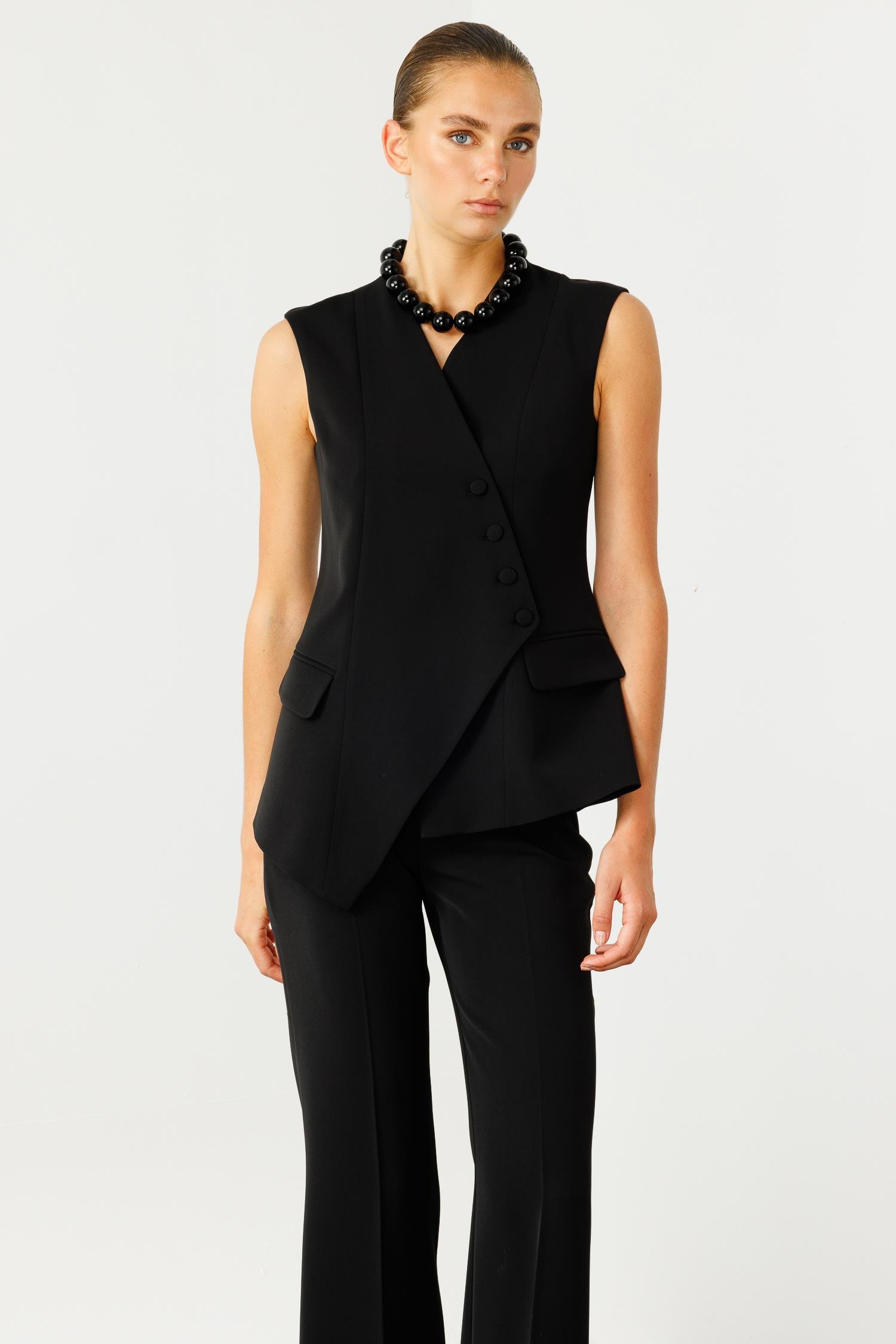 Modailgi  Kruvaze Kapamalı Düğme Detaylı Uzun Yelek Siyah