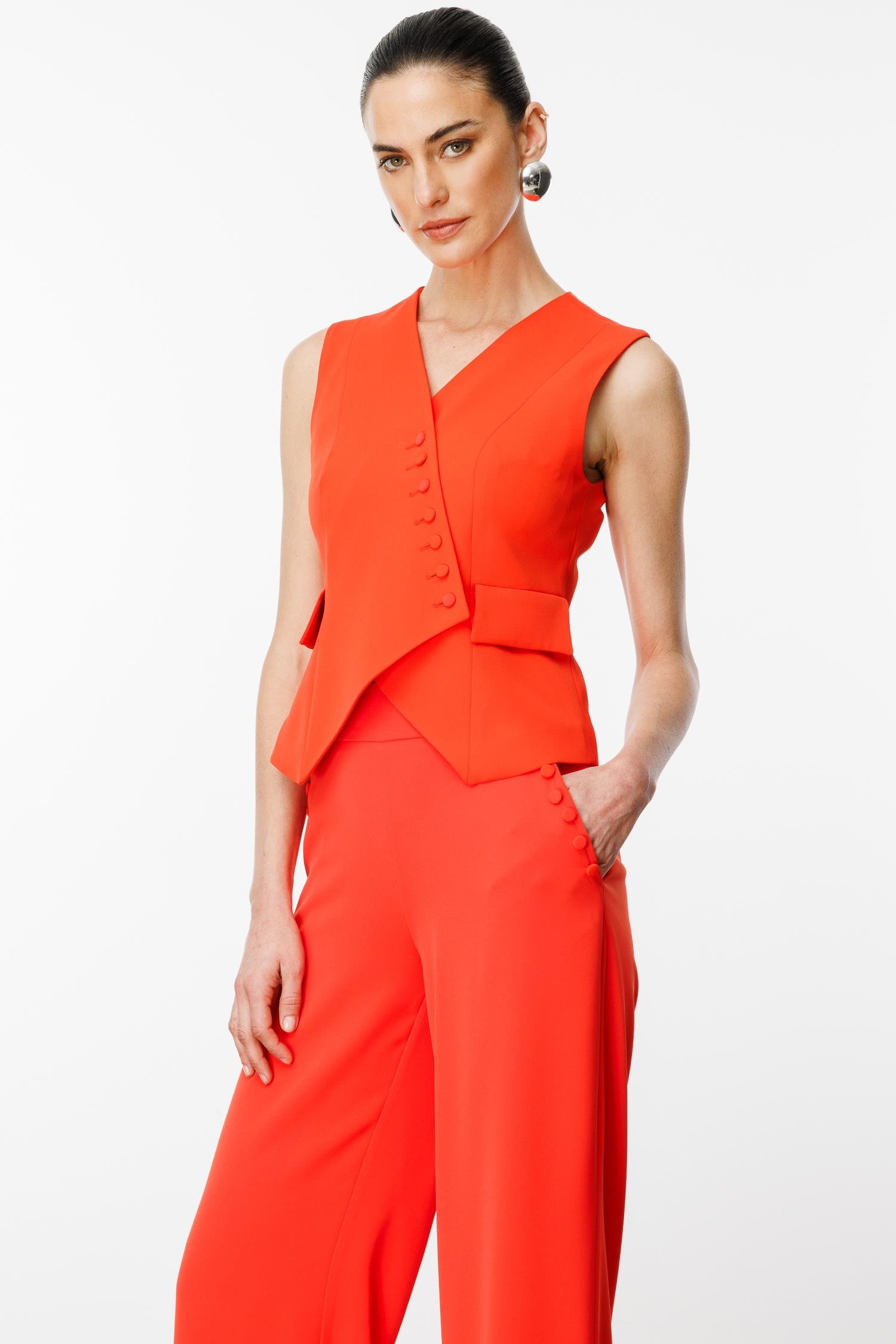 Modailgi  Kruvaze Kapamalı Düğme Detaylı Kısa Yelek Mercan