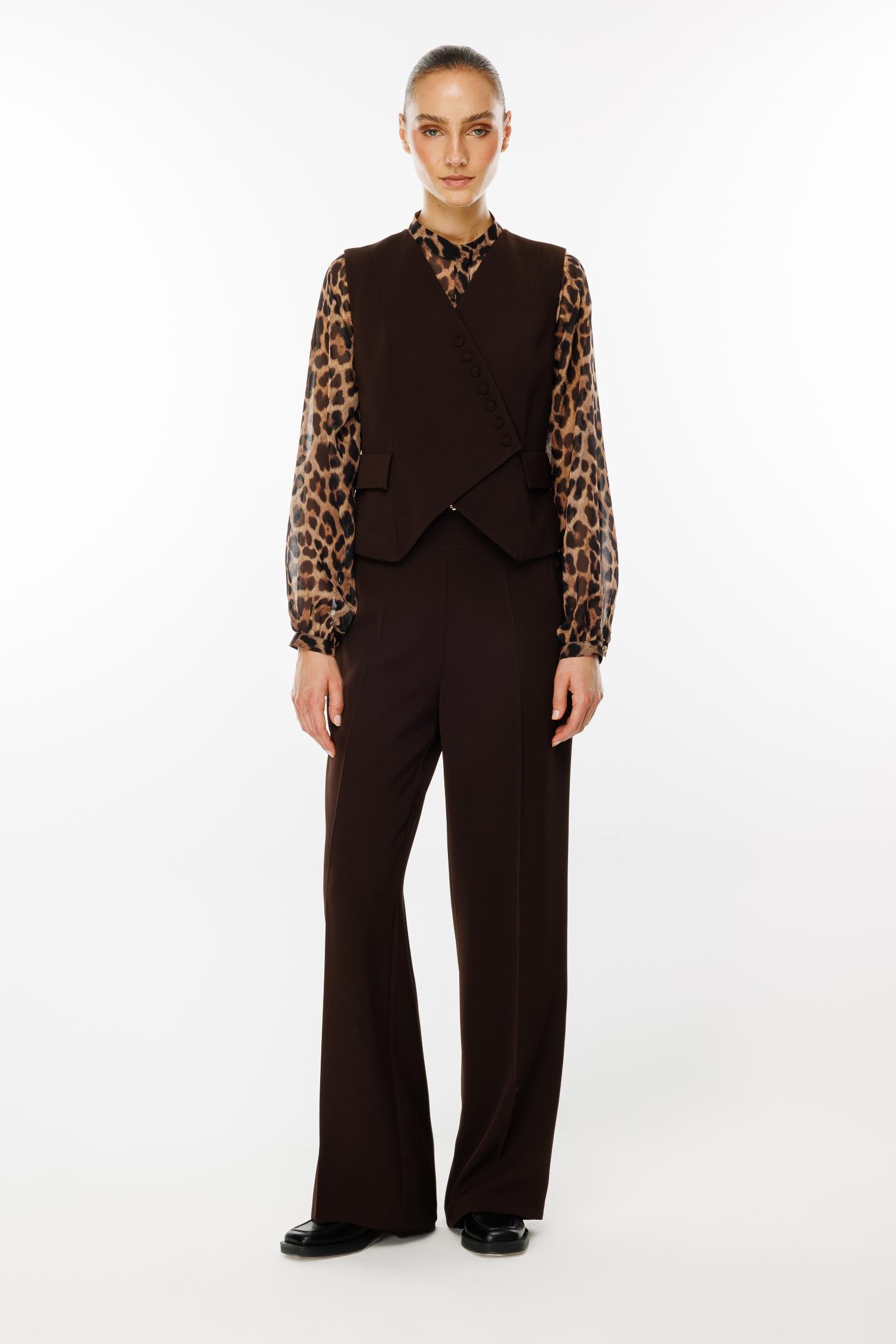 Modailgi  Kruvaze Kapamalı Düğme Detaylı Kısa Yelek Kahve