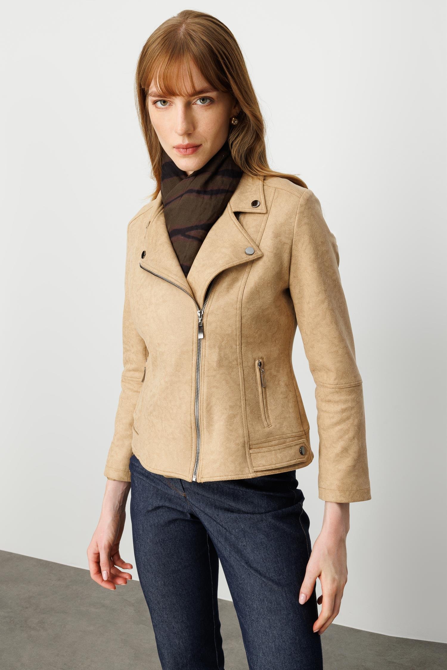 Modailgi  Kruvaze Kapamalı Fermuarlı Spor Dikişli Ve Kesikli Kısa Mont Ceket Vizon