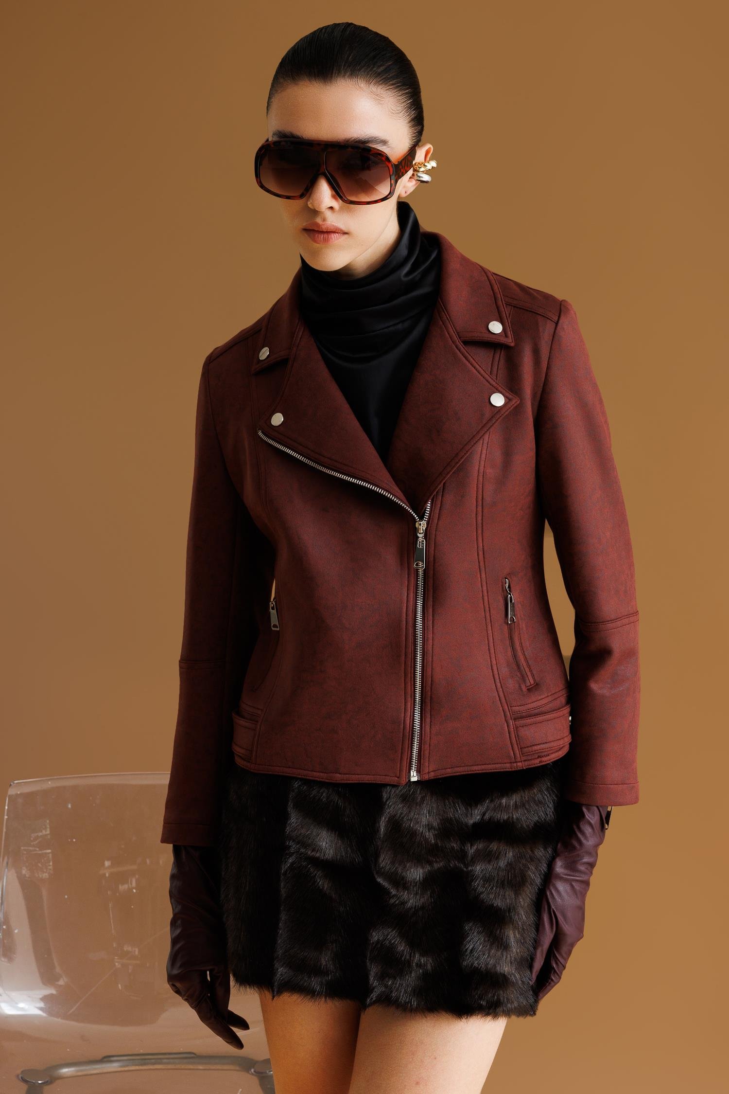 Modailgi  Kruvaze Kapamalı Fermuarlı Spor Dikişli Ve Kesikli Kısa Mont Ceket Bordo