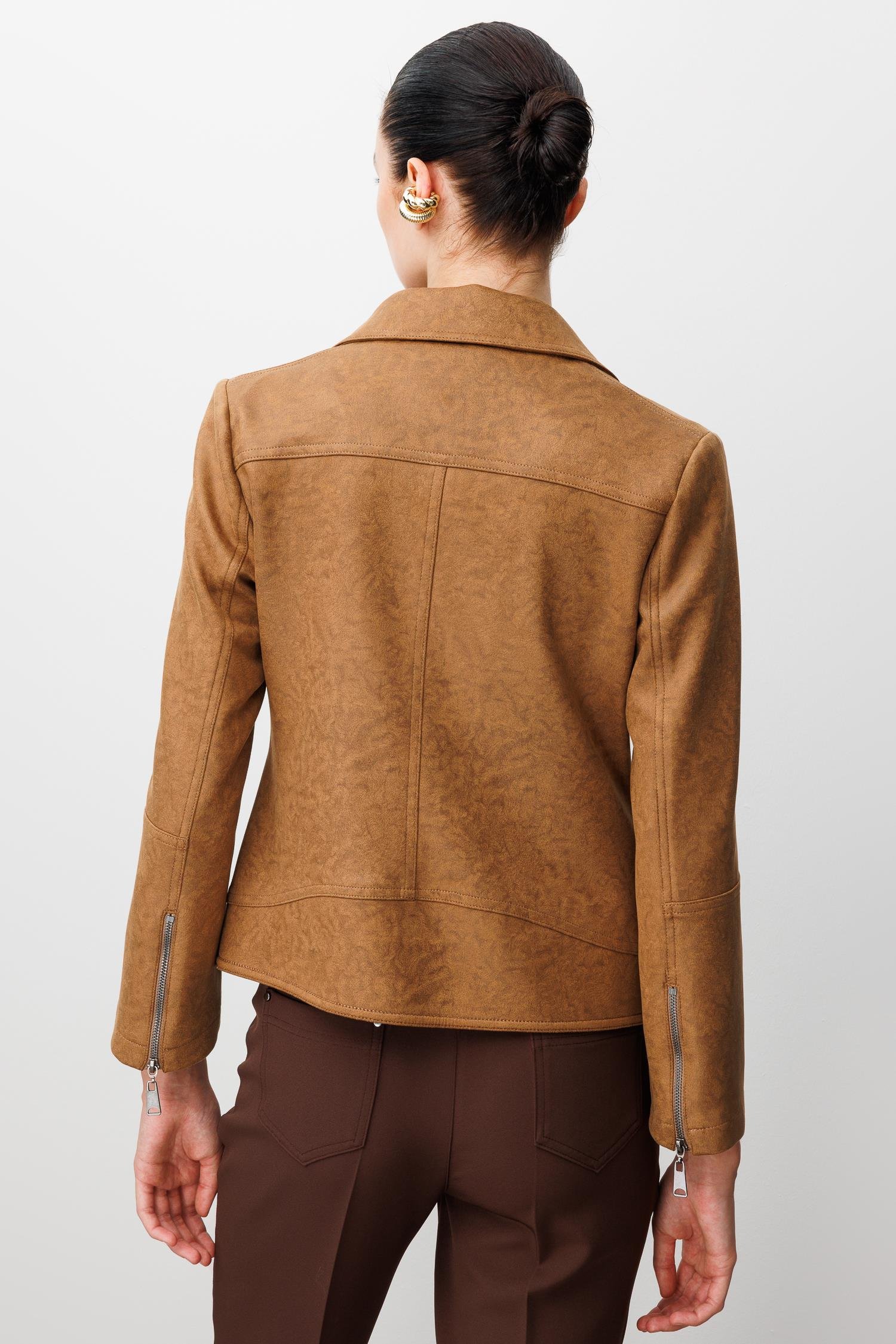 Modailgi  Kruvaze Kapamalı Fermuarlı Spor Dikişli Ve Kesikli Kısa Mont Ceket Taba