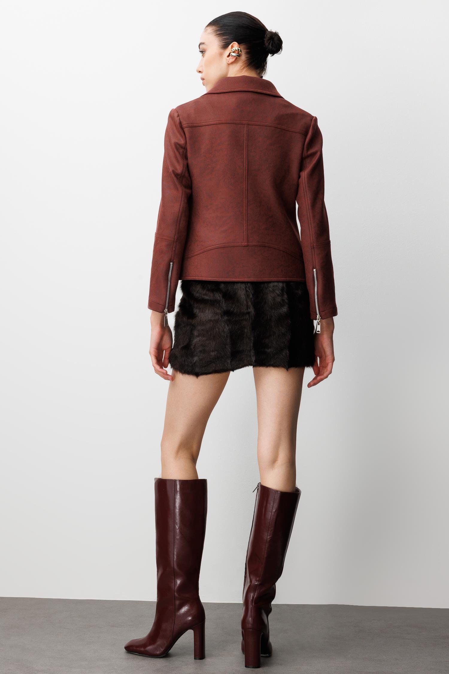 Modailgi  Kruvaze Kapamalı Fermuarlı Spor Dikişli Ve Kesikli Kısa Mont Ceket Bordo