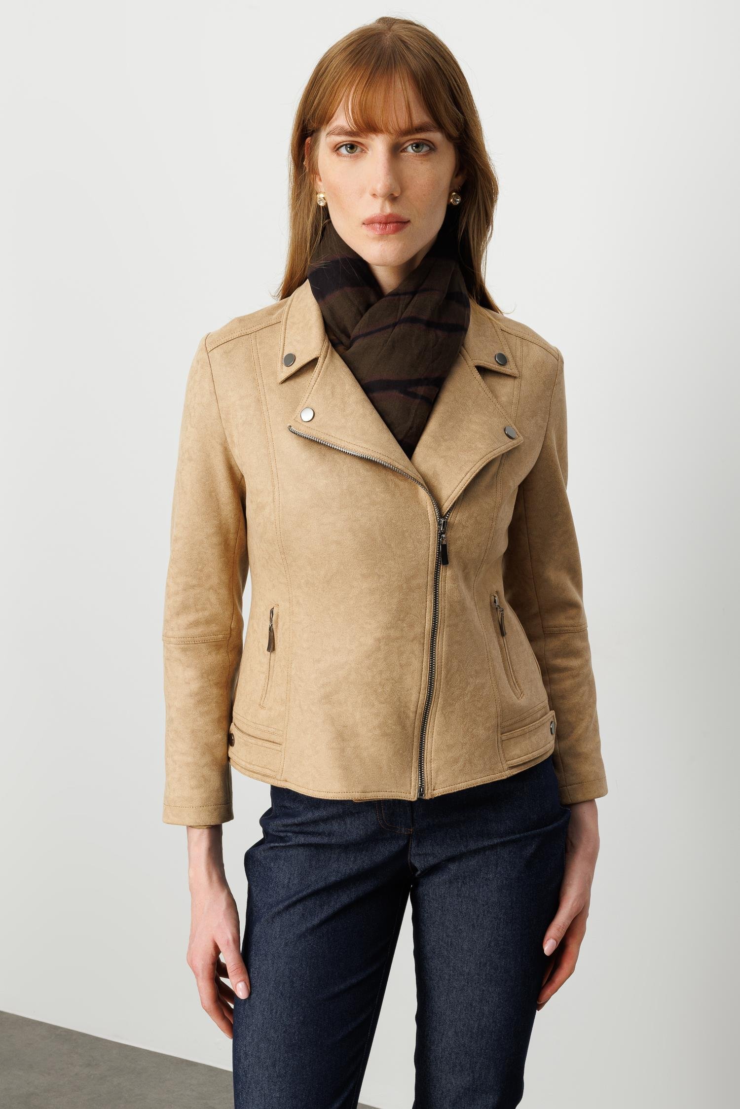 Modailgi  Kruvaze Kapamalı Fermuarlı Spor Dikişli Ve Kesikli Kısa Mont Ceket Vizon