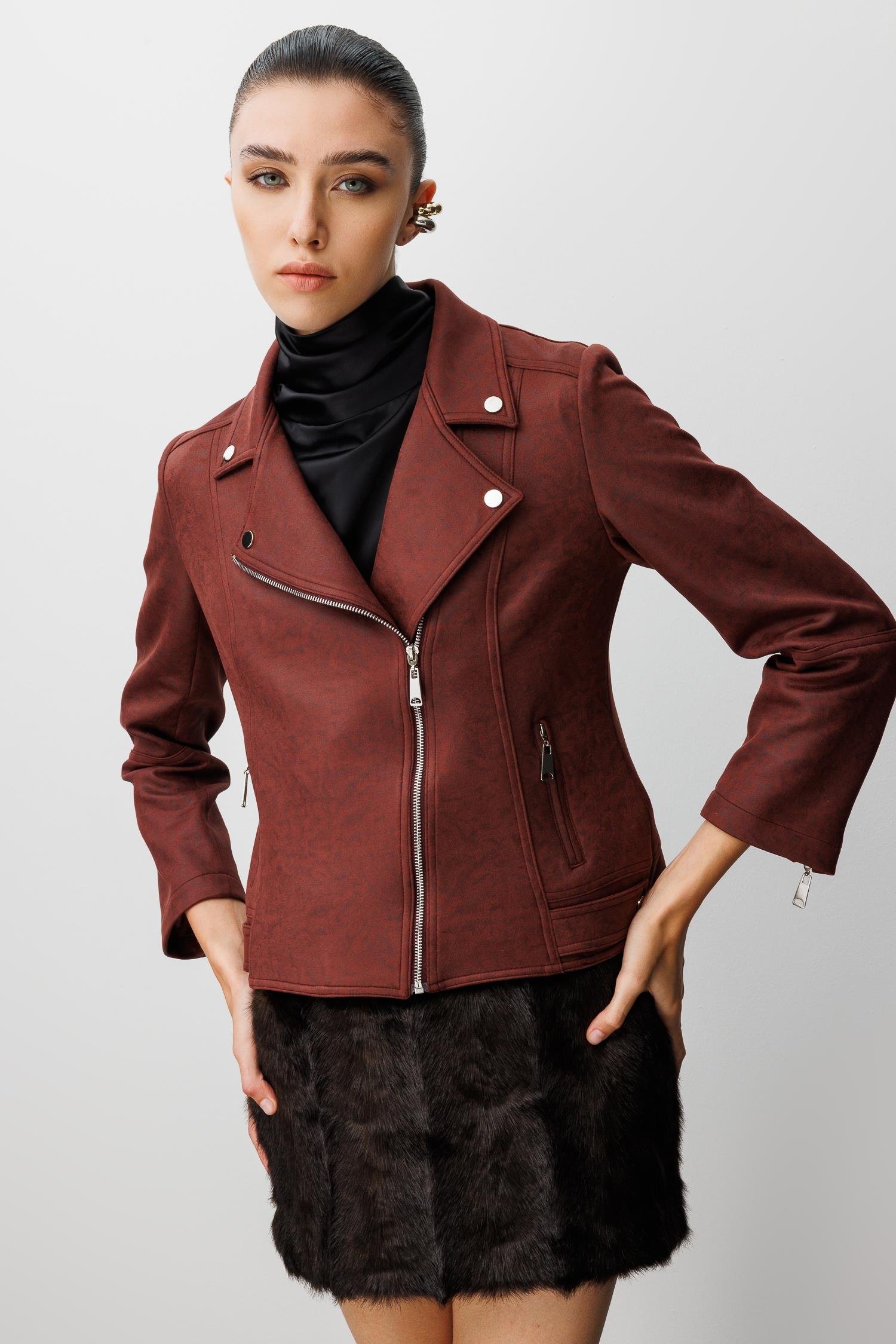 Modailgi  Kruvaze Kapamalı Fermuarlı Spor Dikişli Ve Kesikli Kısa Mont Ceket Bordo