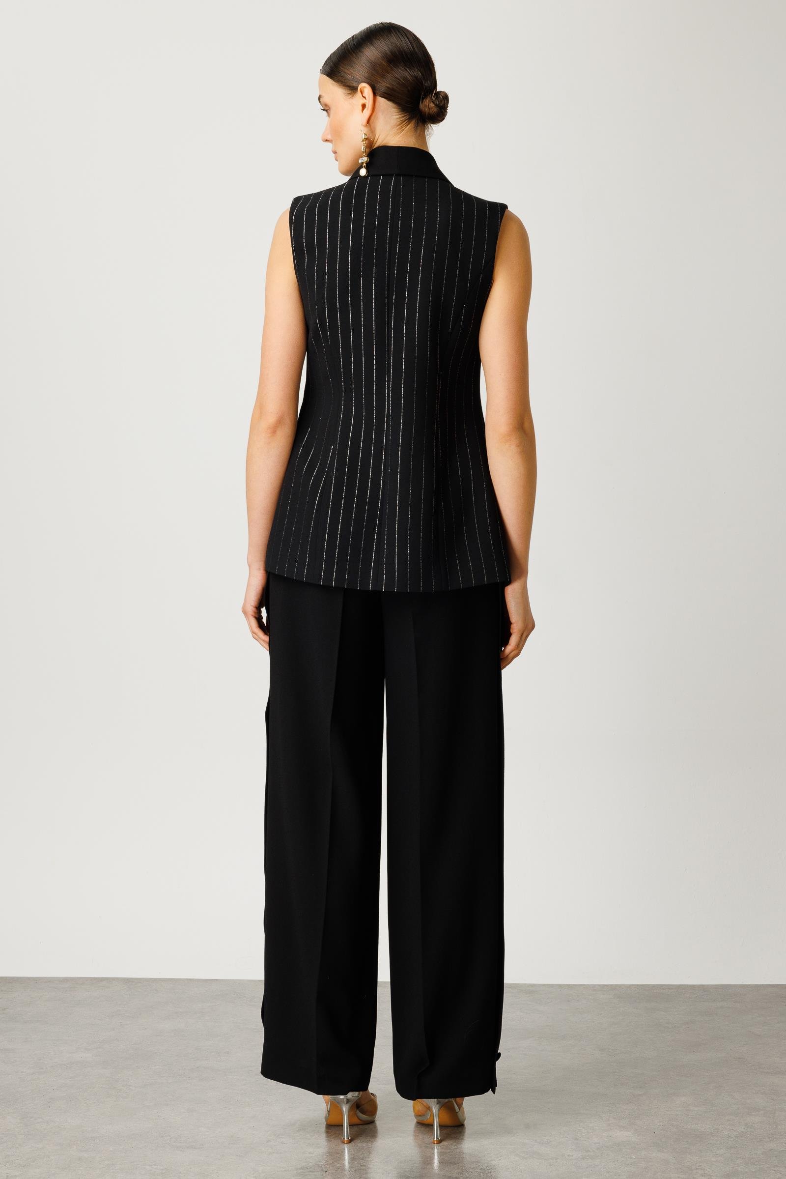 Modailgi  Kruvaze Kapamalı Şal Yaka Simli Yelek Siyah