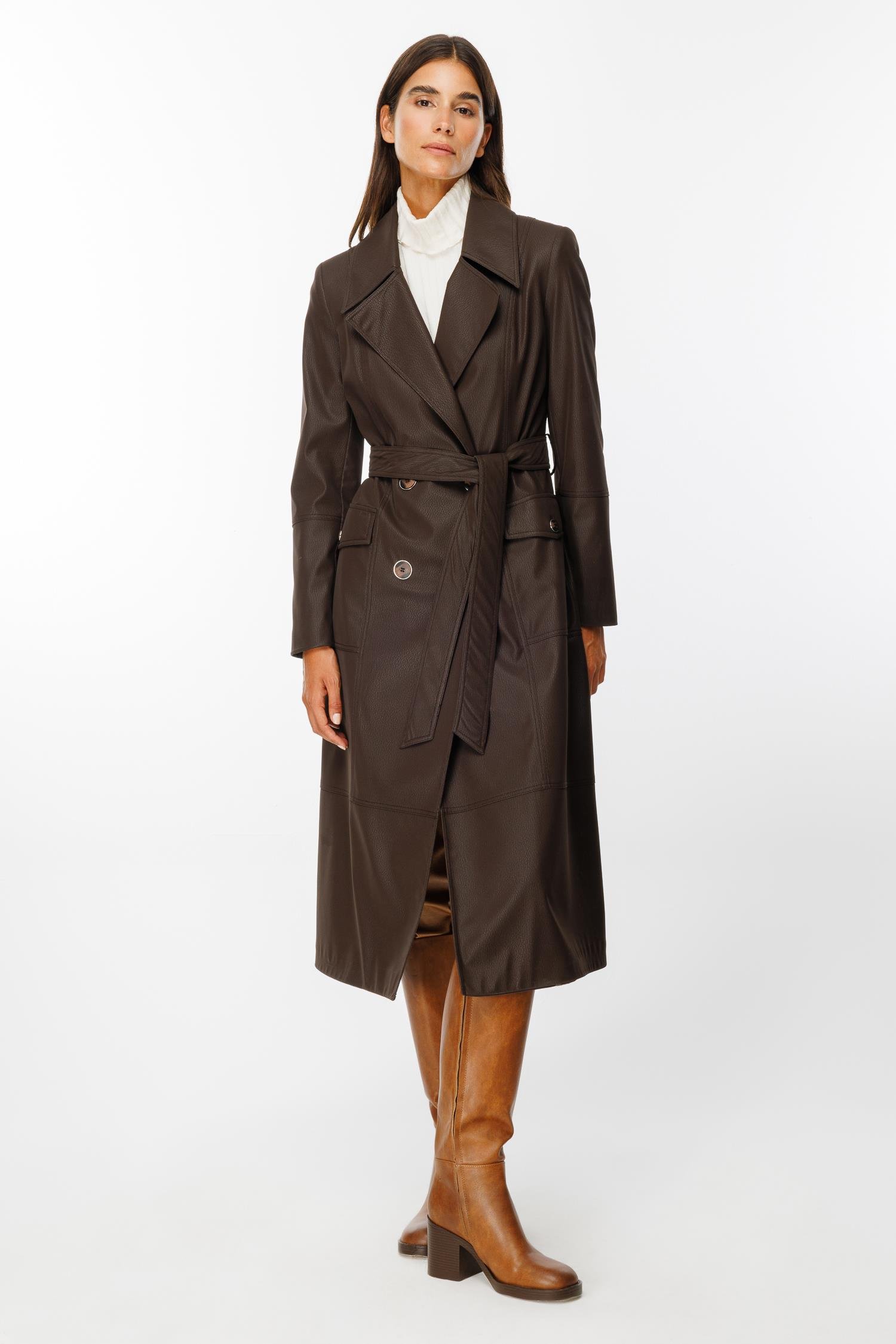 Modailgi  Kruvaze Kapamalı Uzun Deri Trençkot Kahve