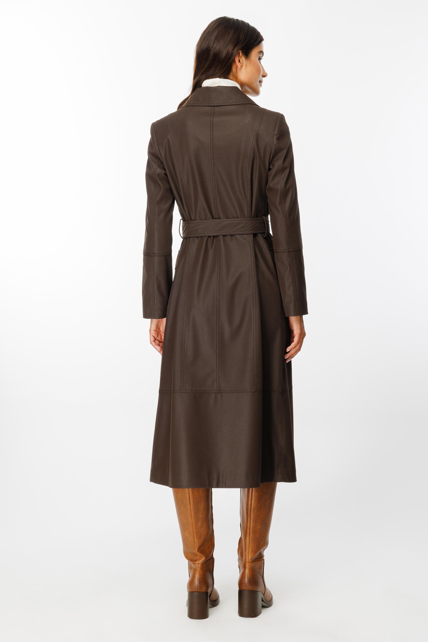 Modailgi  Kruvaze Kapamalı Uzun Deri Trençkot Kahve