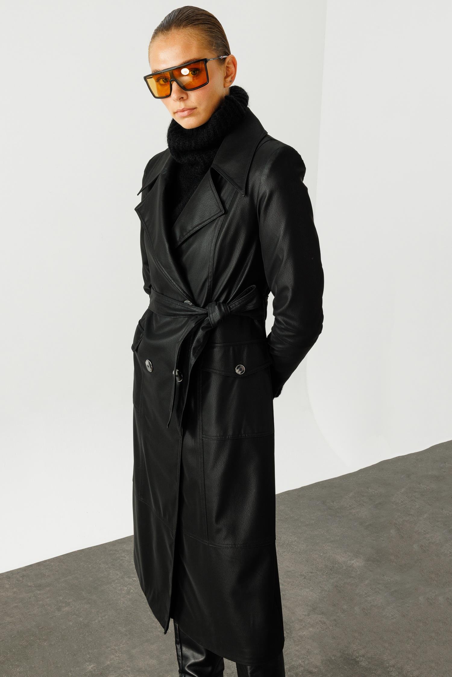 Modailgi  Kruvaze Kapamalı Uzun Deri Trençkot Siyah