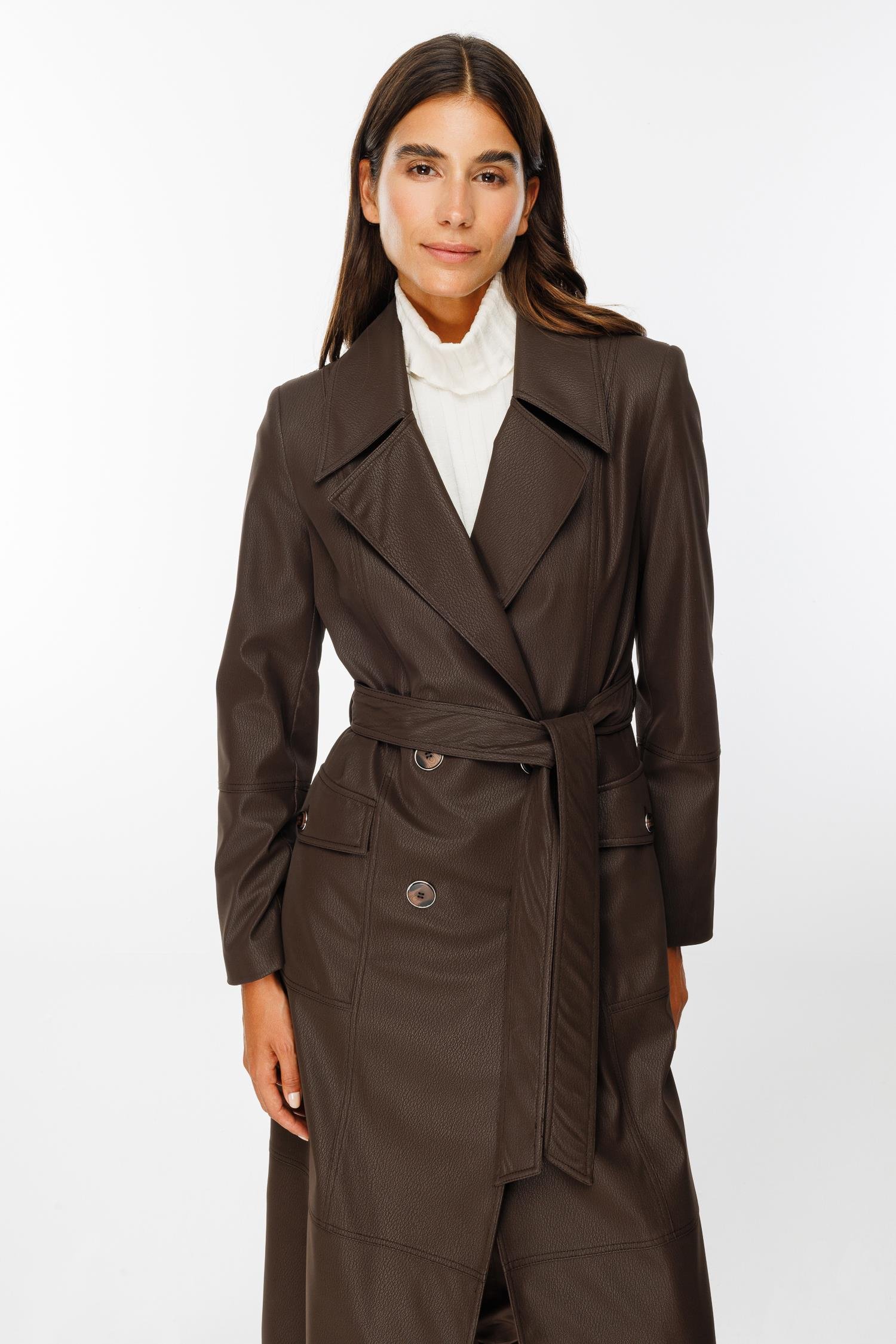 Modailgi  Kruvaze Kapamalı Uzun Deri Trençkot Kahve