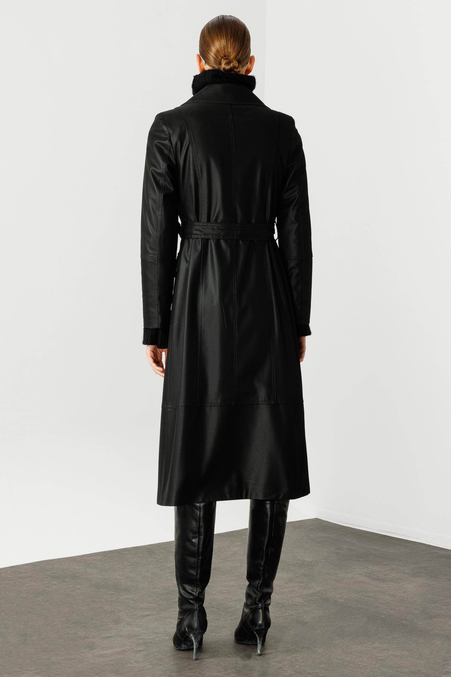 Modailgi  Kruvaze Kapamalı Uzun Deri Trençkot Siyah