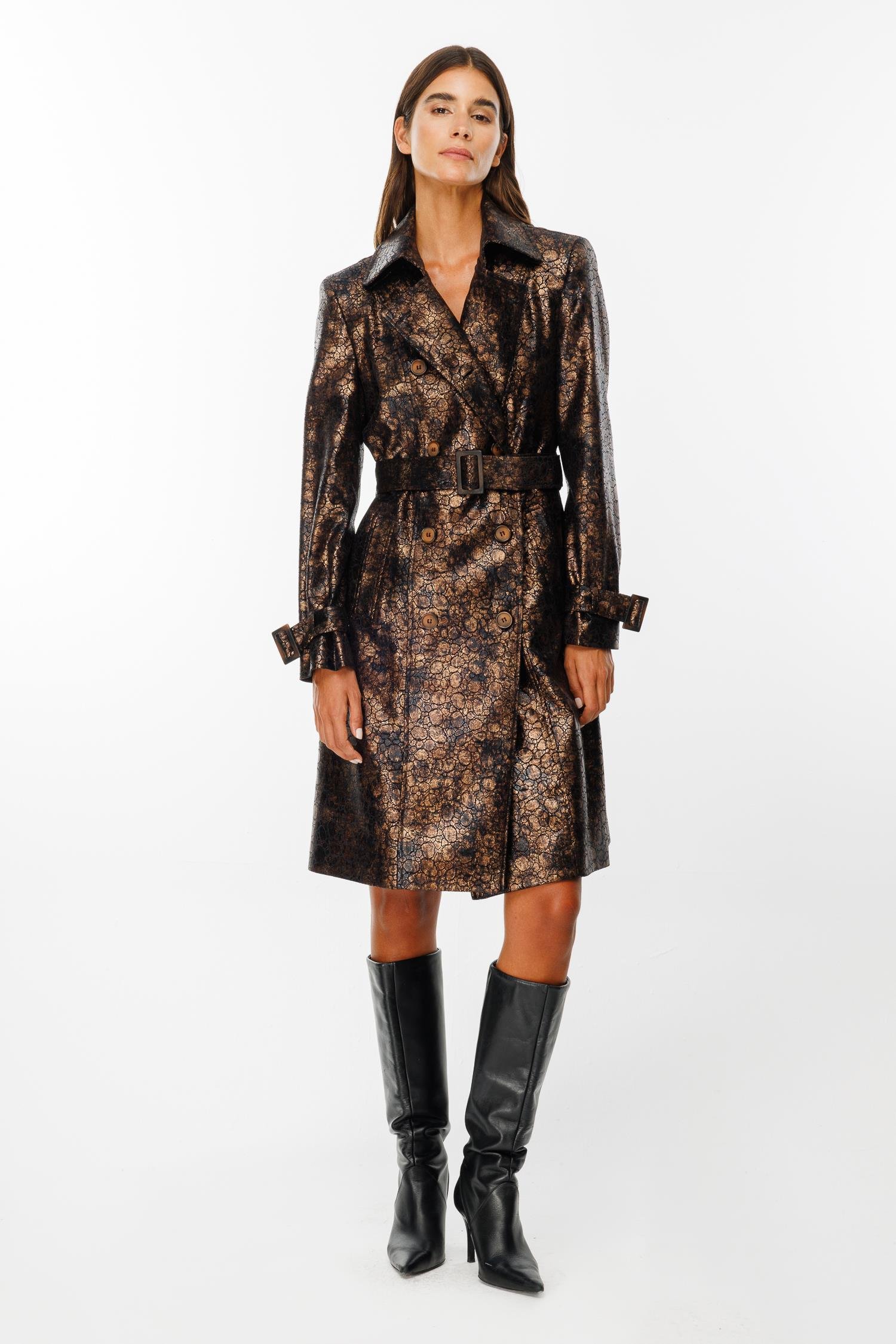 Modailgi  Kruvaze Kapamalı Varaklı Deri Trenç Gold/Siyah