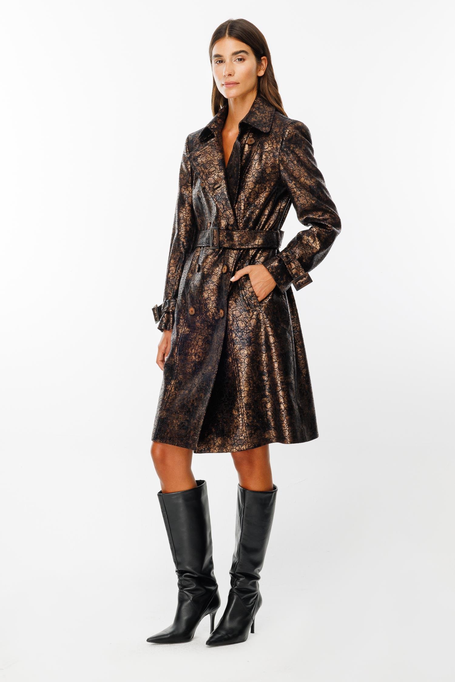 Modailgi  Kruvaze Kapamalı Varaklı Deri Trenç Gold/Siyah