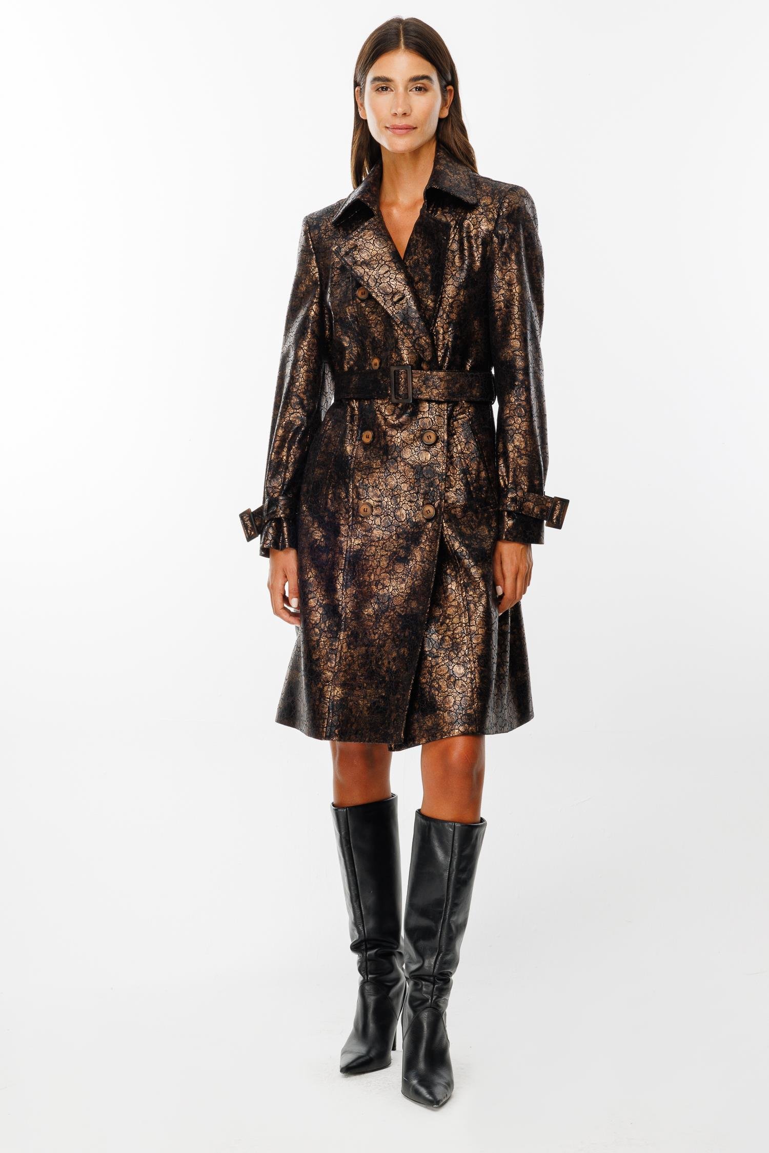 Modailgi  Kruvaze Kapamalı Varaklı Deri Trenç Gold/Siyah