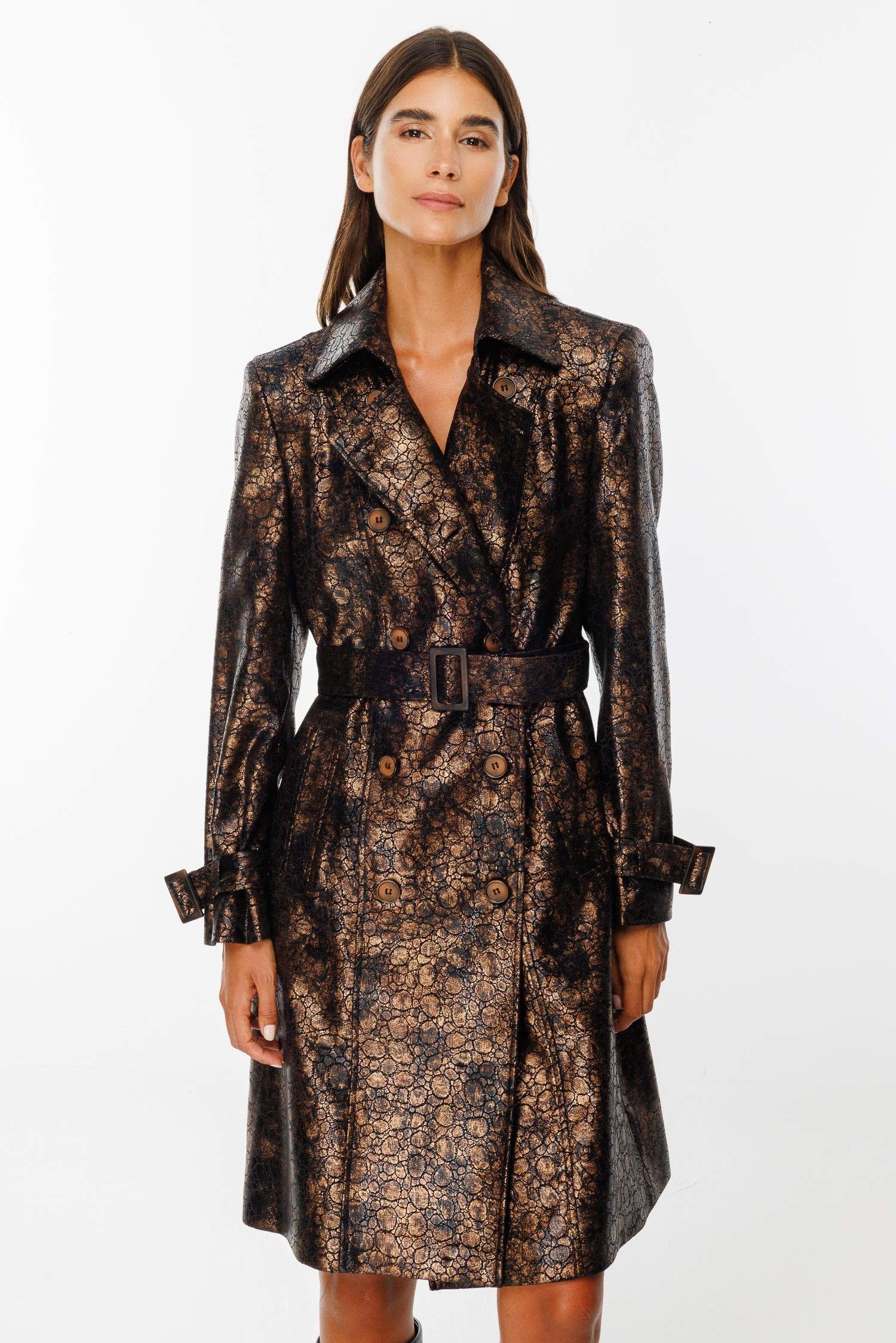 Modailgi  Kruvaze Kapamalı Varaklı Deri Trenç Gold/Siyah